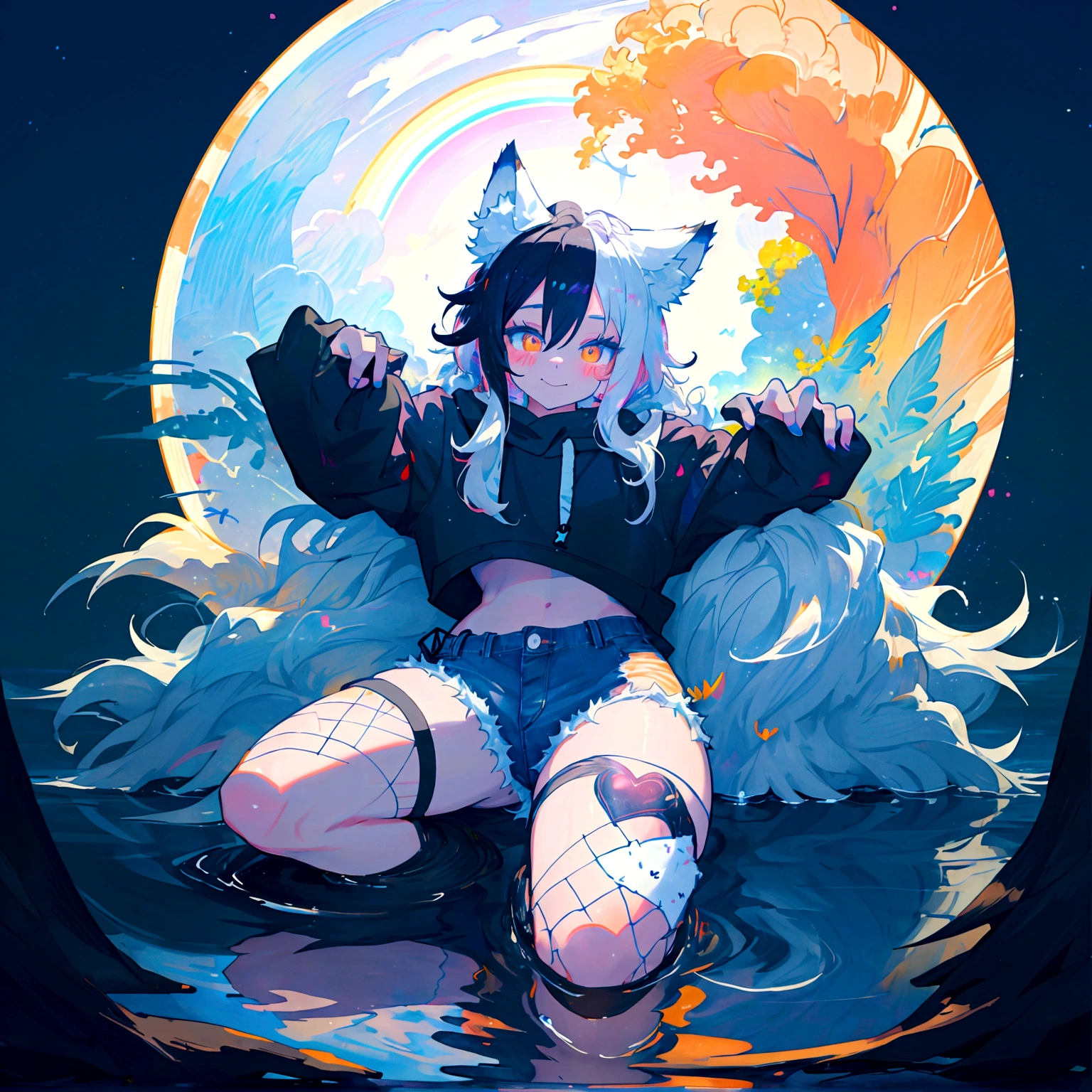 a cute adult male with wolf ears, long white hair, long locks, has a wolf tail, wearing a loose cropped black hoodie, wearing a pair of denim short shorts and fishnet stockings, thick thighs, wide hips, relaxing on mound of fluffy multi colored kawaii plushies, short, very slim, showing slender tummy, heart on hoodie, squishy thighs, has glowing blue eyes. alone, solo (ALONE)(SOLO), surrounded by rainbows, colorful galaxy backround, smiling, stretching out