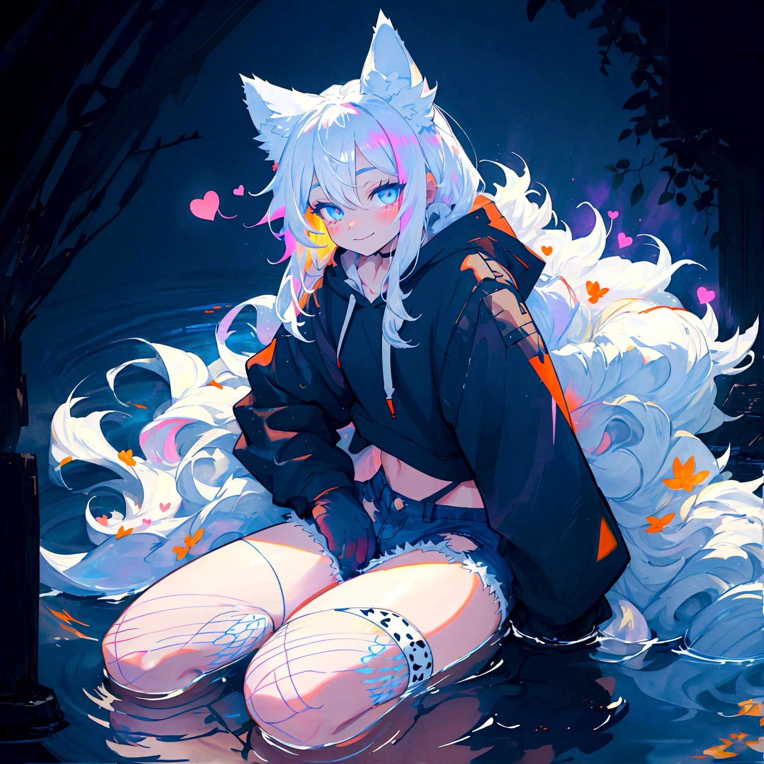 a cute adult male with wolf ears, long white hair, long locks, has a wolf tail, wearing a loose cropped black hoodie, wearing a pair of denim short shorts and fishnet stockings, thick thighs, wide hips, relaxing on mound of fluffy multi colored kawaii plushies, short, very slim, showing slender tummy, heart on hoodie, squishy thighs, has glowing blue eyes. alone, solo (ALONE)(SOLO), surrounded by rainbows, colorful galaxy backround, smiling, stretching out, water reflection