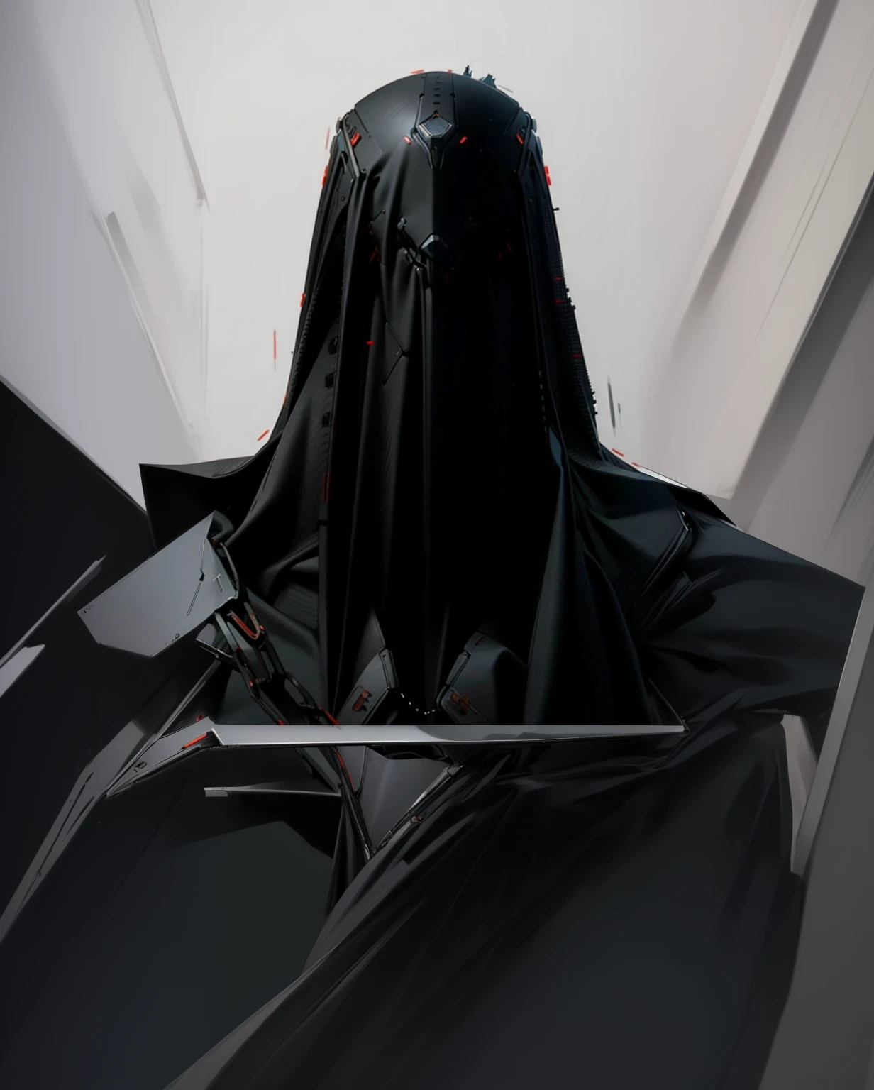 robot with wide shoulders, menacing frame, a white cloak over its mechanical body, black glossy metallic body, slim frame, slender, portrait of a bust