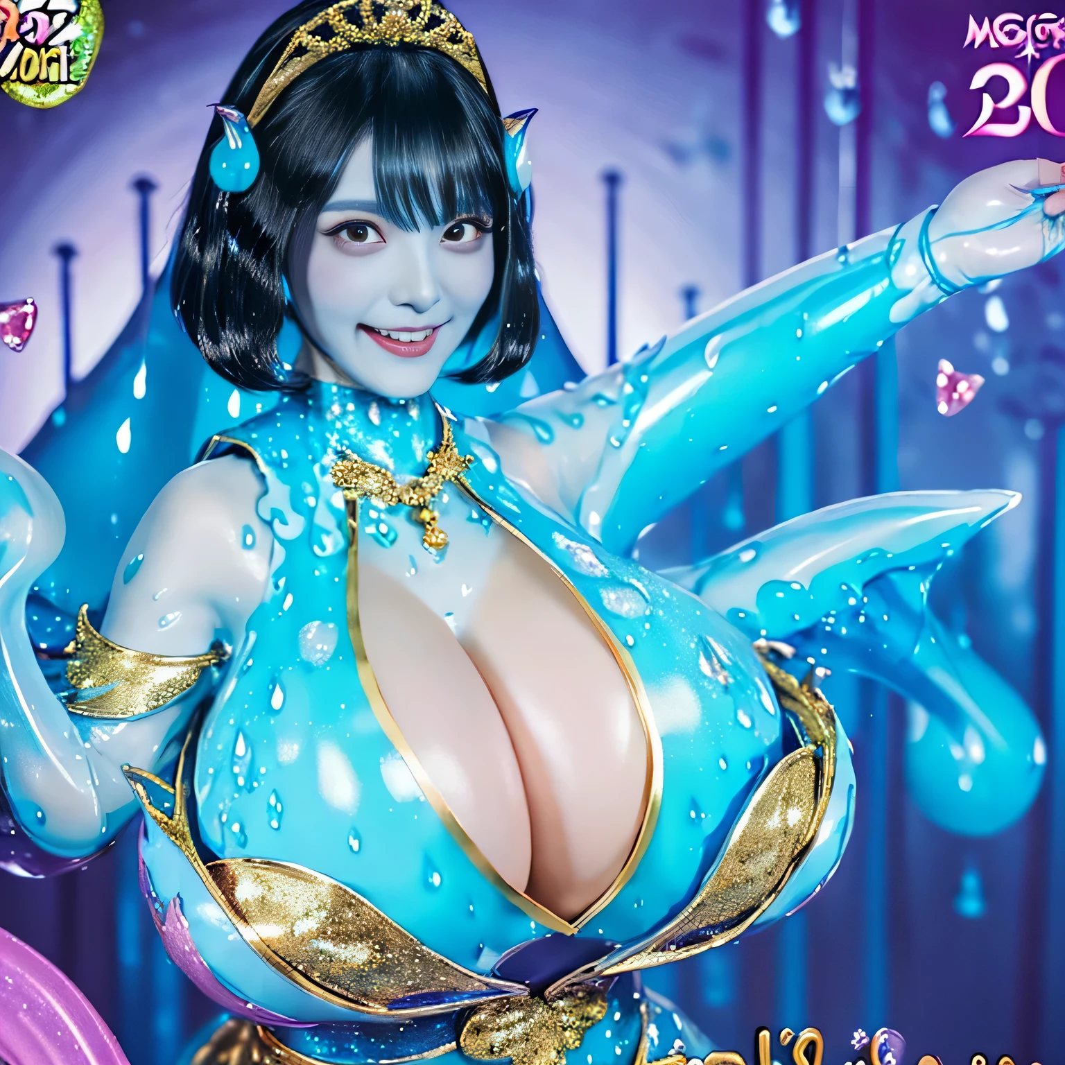 Highest quality,masterpiece,Very detailed, 8K,Beautiful Japan woman at 32 years old:1.5, Small face, Black Hair, (Detailed glamorous light blue magical girl heroine slime-like costume:1.5), Ecstatic expression、 Breast Augmentation Surgery, Very detailedな臭い脇の下、 Feels too good
