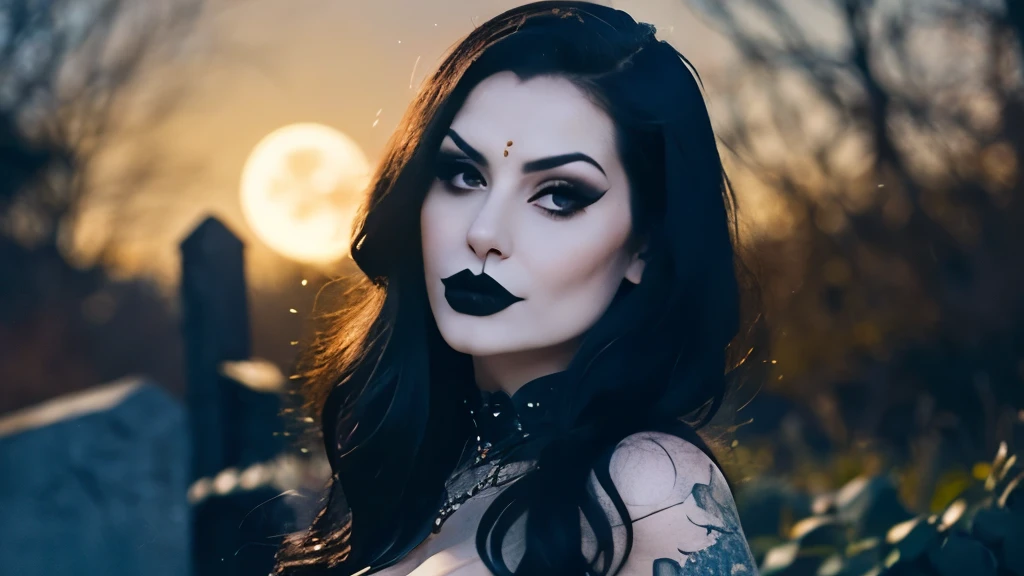 Generate a hyper-realistic image that employs the shallow depth of field technique, Head and sholders portrait to highlight a pretty goth girl wearing a gothic costume, at ((night in a creepy cemitery)) setting, (((under the moonlight))). The girl should be the focal point, with crisp clarity, while the background of the forest should be gently blurred to create a bokeh effect. (((black roses In the foreground))) should be visible but blurred, adding depth to the composition.", adding depth to the composition. Sony Alpha A7R III, macros lens , f/5.6. ((Cinematic purple Lighting)) .