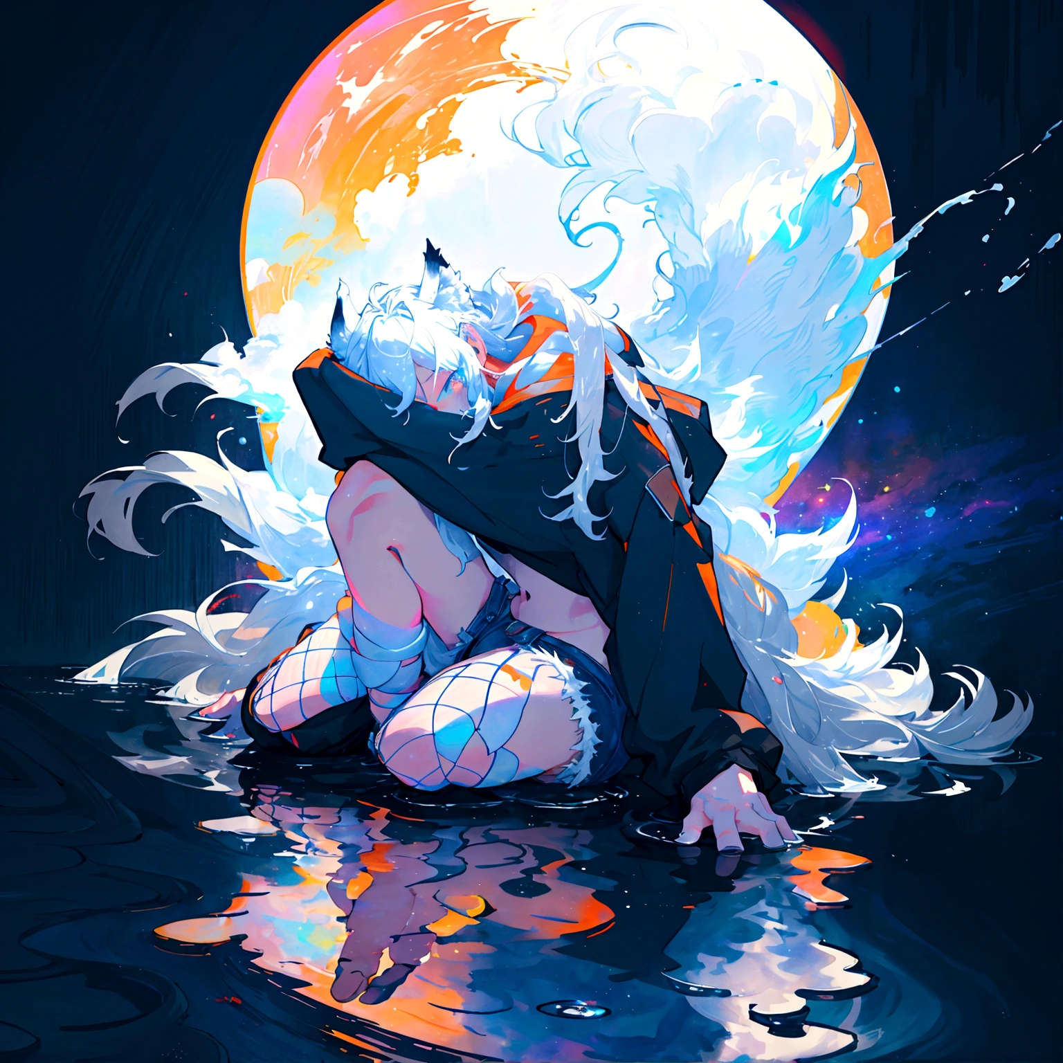 a cute adult male with wolf ears, long white hair, long locks, has a wolf tail, wearing a loose cropped black hoodie, wearing a pair of denim short shorts and fishnet stockings, thick thighs, wide hips, relaxing on mound of fluffy multi colored kawaii plushies, short, very slim, showing slender tummy, heart on hoodie, squishy thighs, has glowing blue eyes. alone, solo (ALONE)(SOLO), surrounded by rainbows, colorful galaxy backround, smiling, stretching out, water reflection