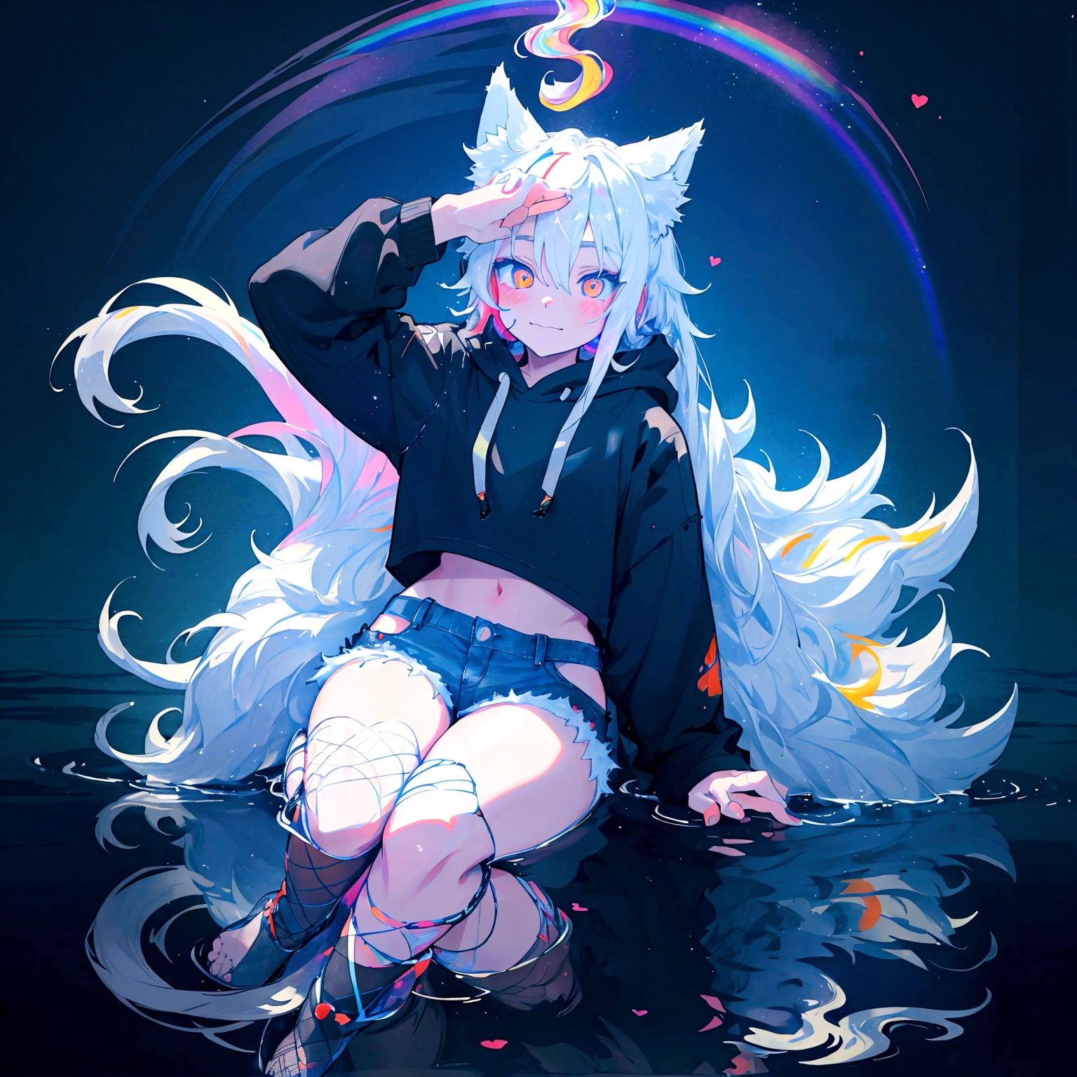 a cute adult male with wolf ears, long white hair, long locks, has a wolf tail, wearing a loose cropped black hoodie, wearing a pair of denim short shorts and fishnet stockings, thick thighs, wide hips, relaxing on mound of fluffy multi colored kawaii plushies, short, very slim, showing slender tummy, heart on hoodie, squishy thighs, has glowing blue eyes. alone, solo (ALONE)(SOLO), surrounded by rainbows, colorful galaxy backround, smiling, stretching out, water reflection
