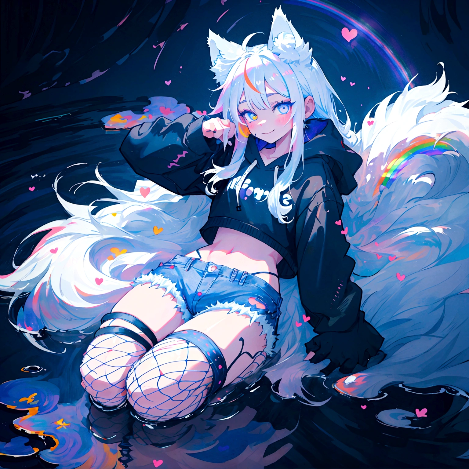 a cute adult male with wolf ears, long white hair, long locks, has a wolf tail, wearing a loose cropped black hoodie, wearing a pair of denim short shorts and fishnet stockings, thick thighs, wide hips, relaxing on mound of fluffy multi colored kawaii plushies, short, very slim, showing slender tummy, heart on hoodie, squishy thighs, has glowing blue eyes. alone, solo (ALONE)(SOLO), surrounded by rainbows, colorful galaxy backround, smiling, stretching out, water reflection