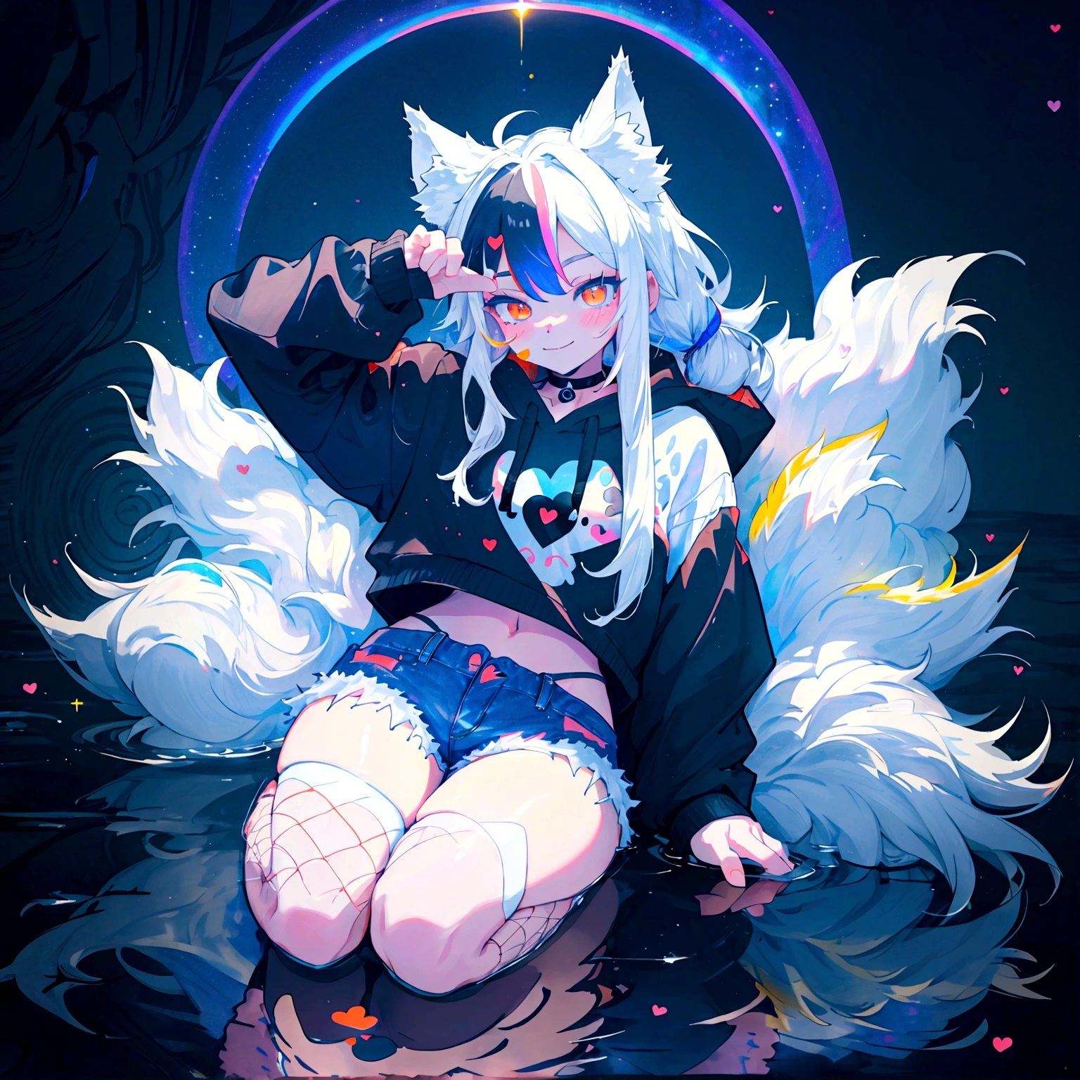 a cute adult male with wolf ears, long white hair, long locks, has a wolf tail, wearing a loose cropped black hoodie, wearing a pair of denim short shorts and fishnet stockings, thick thighs, wide hips, relaxing on mound of fluffy multi colored kawaii plushies, short, very slim, showing slender tummy, heart on hoodie, squishy thighs, has glowing blue eyes. alone, solo (ALONE)(SOLO), surrounded by rainbows, colorful galaxy backround, smiling, stretching out, water reflection
