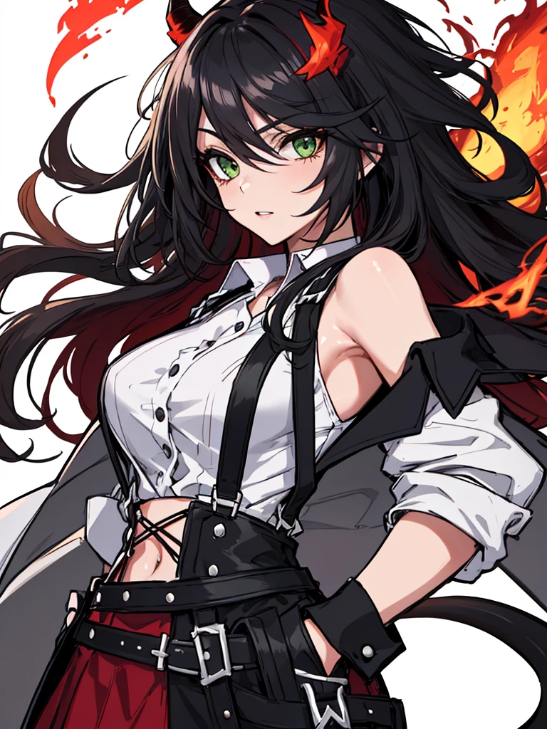 absurdres, 8k, 4k, masterpiece, hyper extreme detailed:1.2), solo, 1girl, front view, perfect face, 1girl, portrait, expressive eyes, looking at viewer, solo, green eyes, standing, mature female, , pale, long black hair, groan, casual wear, , looking forward, front view, black horns, confident, cautious, rational, messy hair, wind, windy, moving hair, moving clothes, swept bangs, front view, unyielding, mature body, tomboy, dragon tail, , black nails, wild hair, velvet crowe, scars, fatigue, Black Demonic Horns, Dragon Horns, Dragon Tail, fire, long skirt, hands in pockets, white shirt black letters, exposed shoulder, shoulder strap, suspenders, velvet crowe, velvet-outfit, red hair gradients, village background, fiery, flames, burning,