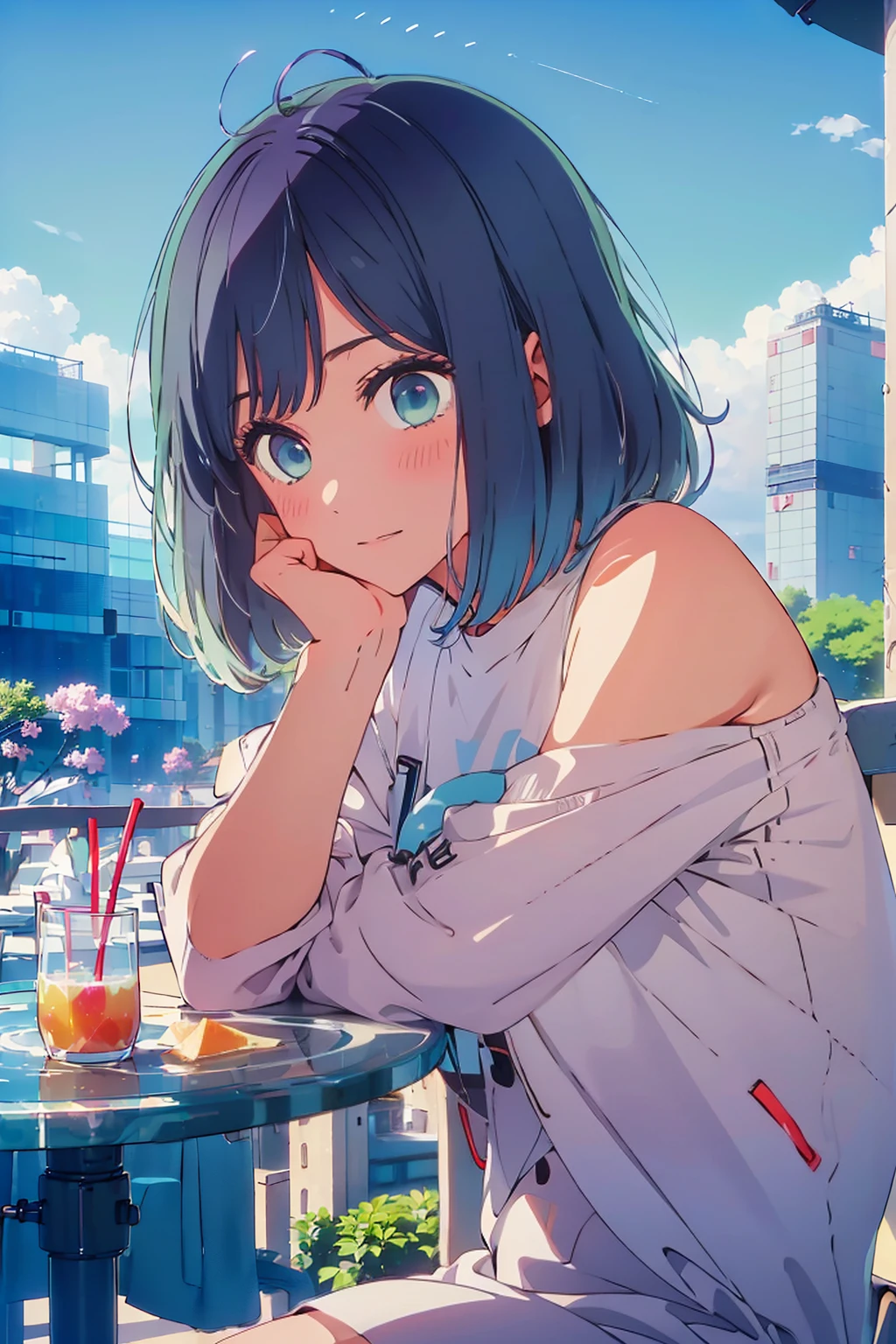 (Highest quality:1.4、8K:1.4、detailed)、F cup bust、Big Breasts、Slim body、Very white beautiful skin、((((1 person、Surprised expression、sit、Chair、In the background are the urban buildings of Tokyo、looking at the camera、Outdoor café terrace、Navy hair color、juice、Shooting up close、Shooting from an angle、table、Very cute face))))、((((nude、Areola))))、(Touching cheeks with both hands pose:1.4、Cheek resting on hand:1.4)、Off-the-shoulder zip-up jacket、Very blue sky、A completely cloudless sky