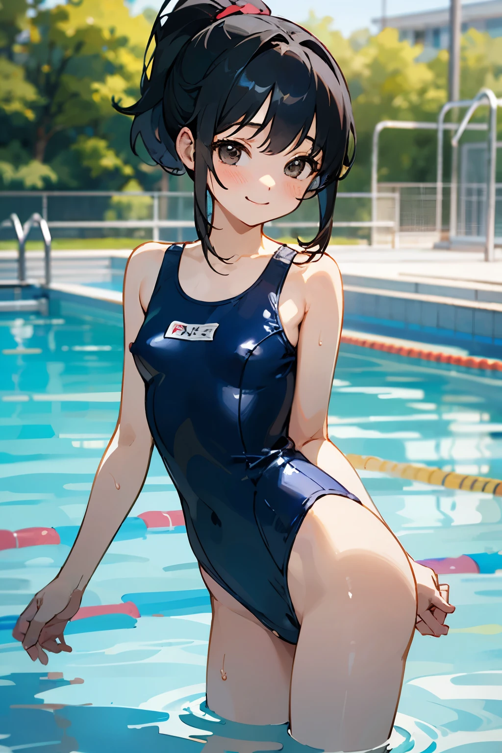 NSFW、In the best quality、age girl standing in swimming pool。In high resolution、Beautiful details、Quiet atmosphere。Black hair ponytail、Cute Smile.。Small breasts、Cute School Swimsuit。