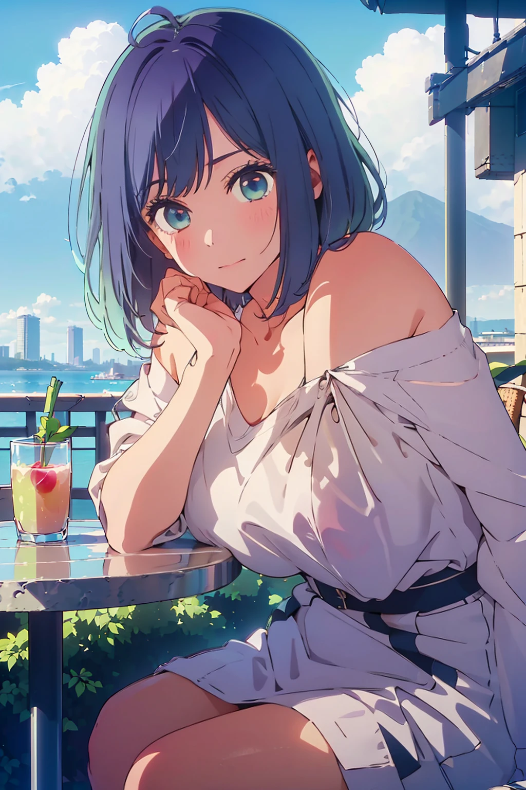 (Highest quality:1.4、8K:1.4、detailed)、F cup bust、Big Breasts、Slim body、Very white beautiful skin、((((1 person、Surprised expression、sit、Chair、In the background are the urban buildings of Tokyo、looking at the camera、Outdoor café terrace、Navy hair color、juice、Shooting up close、table、Very cute face))))、((((nude、Areola))))、(Touching cheeks with both hands pose:1.4、Cheek resting on hand:1.4)、Off-the-shoulder zip-up jacket、Very blue sky、A completely cloudless sky