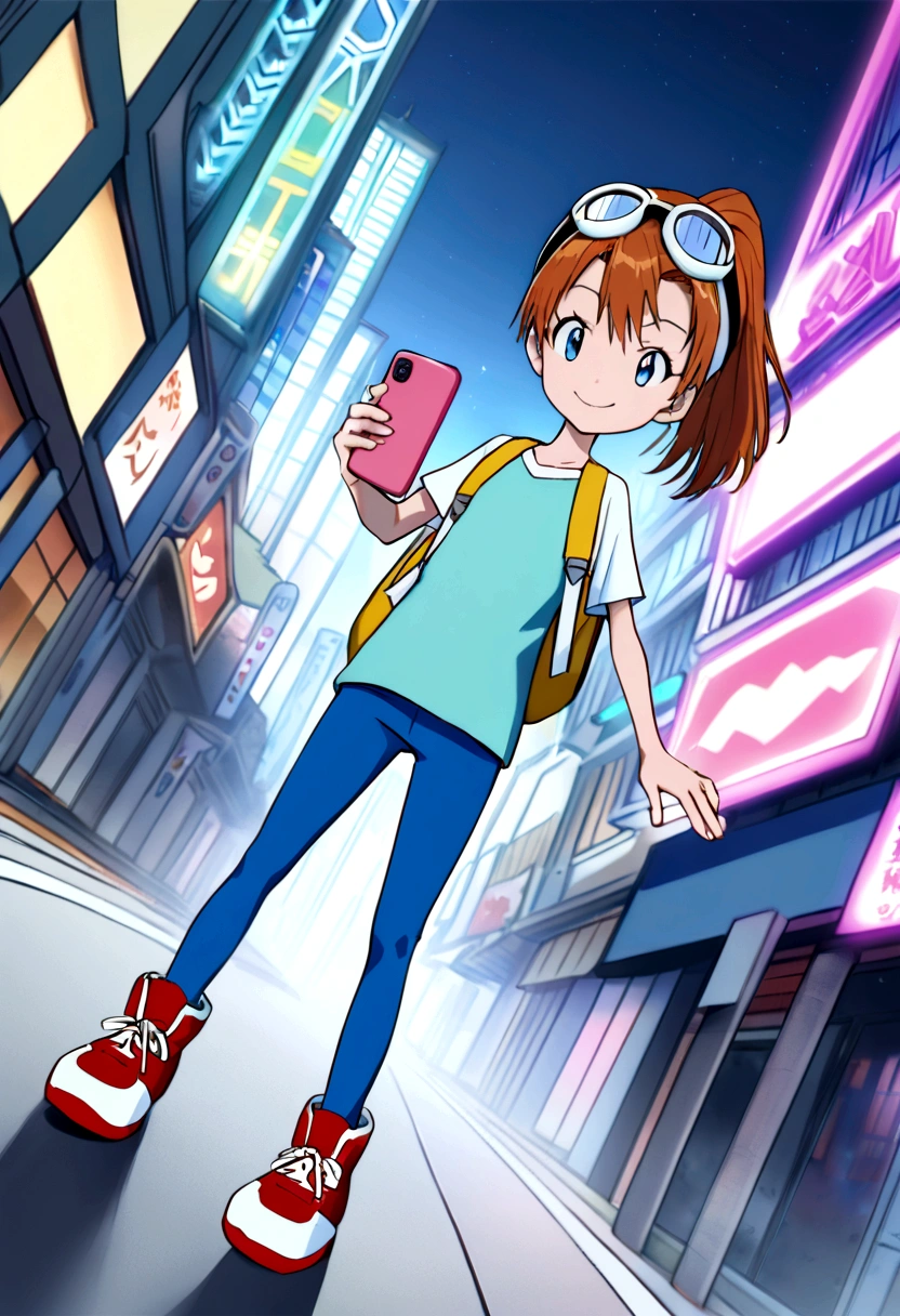 (dynamic pose:1.5), (best quality, masterpiece, absurdres, highres, ultra_detailed, dynamic angle:1.2), best quality, full body, young  girl digimon tamer, on a futuristic city street, AUBURN HAIR,BLUE EYES,ponytail, kids clothes,elerl,skinny blue jeans, brown leather belt,short stature, flat chest, goggles, goggles on head,t-shirt,raglan sleeves,high top sneakers, holding smartphone, backpack, crossbody bag, futuristic city, neon lights, evening, dim light, happy, smile, athletic, kid, Digimon 