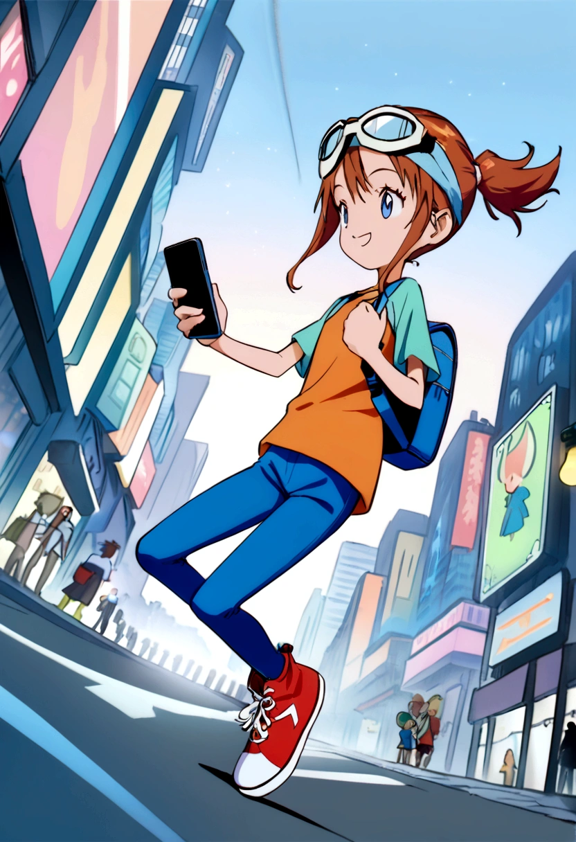 (dynamic pose:1.5), (best quality, masterpiece, absurdres, highres, ultra_detailed, dynamic angle:1.2), best quality, full body, young kid girl digimon tamer, on a futuristic city street, AUBURN HAIR,BLUE EYES,ponytail, kids clothes,elementary school girl,skinny blue jeans, brown leather belt,short stature, flat chest, goggles, goggles on head,t-shirt,raglan sleeves,high top sneakers, holding smartphone, backpack, crossbody bag, futuristic city, neon lights, evening, dim light, happy, smile, athletic, kid, Digimon 