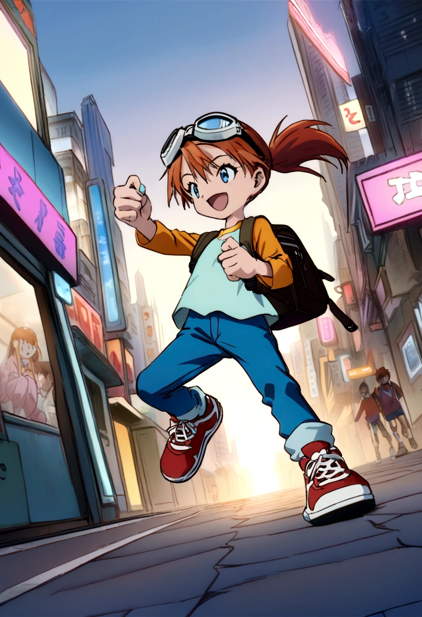 (dynamic pose:1.5), (best quality, masterpiece, absurdres, highres, ultra_detailed, dynamic angle:1.2), best quality, full body, young kid girl digimon tamer, on a futuristic city street, AUBURN HAIR,BLUE EYES,ponytail, kids clothes,elementary school girl,skinny blue jeans, brown leather belt,short stature, flat chest, goggles, goggles on head,t-shirt,raglan sleeves,high top sneakers, holding smartphone, backpack, crossbody bag, futuristic city, neon lights, evening, dim light, happy, smile, athletic, kid, Digimon 