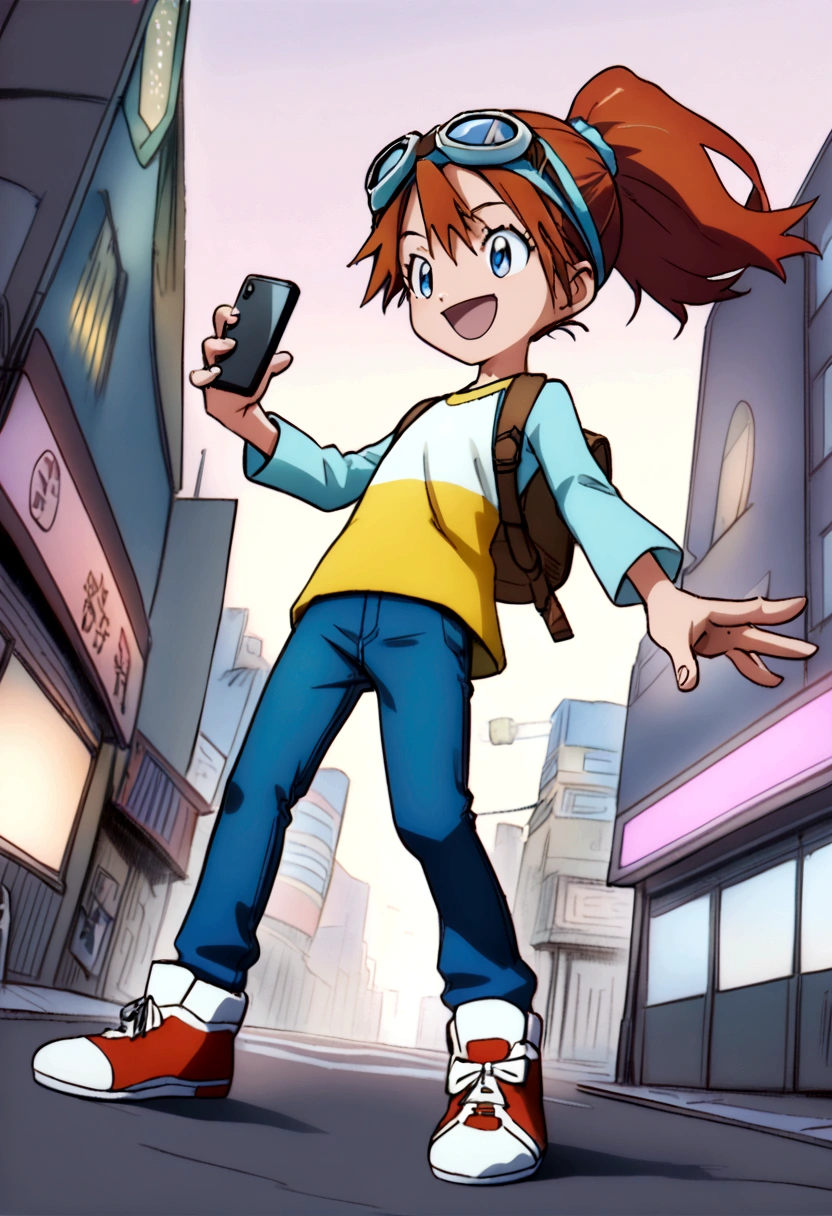 (dynamic pose:1.5), (best quality, masterpiece, absurdres, highres, ultra_detailed, dynamic angle:1.2), best quality, full body, young  girl digimon tamer, on a futuristic city street, AUBURN HAIR,BLUE EYES,ponytail, kids clothes,elerl,skinny blue jeans, brown leather belt,short stature, flat chest, goggles, goggles on head,t-shirt,raglan sleeves,high top sneakers, holding smartphone, backpack, crossbody bag, futuristic city, neon lights, evening, dim light, happy, smile, athletic, kid, Digimon 