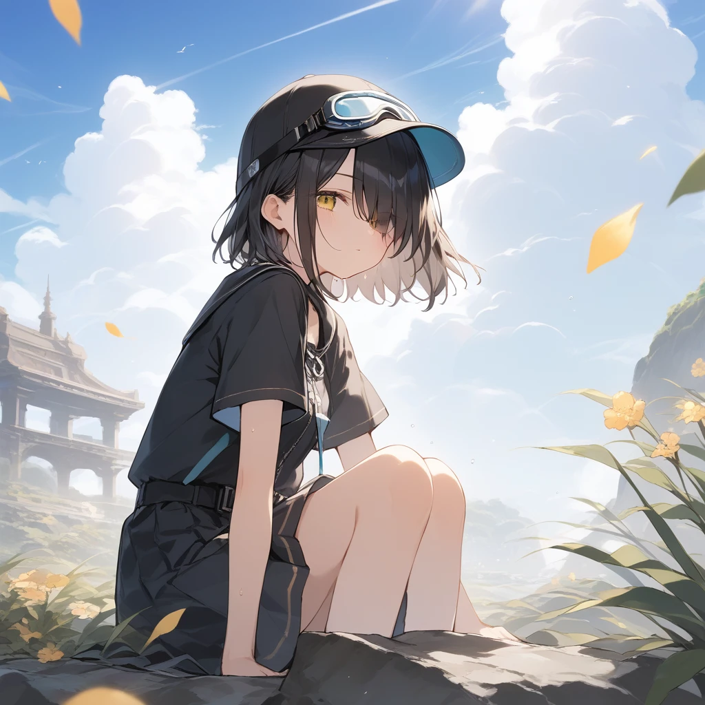 score_9, score_8_up, score_7_up, source_anime, best quality, masterpiece, official art, absurdres, highres, ultra-detailed,waifu2x,Collection: Slice of Life,break,1girl, short hair, black hair, hair over one eye, small breasts, beautiful detailed eyes, cap, goggles on headwear, skirt, sit, sweat, expressionless, sleepily, fantasy, outdoors, wind, break,(clear line illustration:1.2),very high resolution, very aesthetic, super detailed skin, Best cinematic lighting powered by famous artist, 8k, beauty illustration,photoshop_(medium),,(Detailed Lighting),best anime 8k konachan wallpaper, pixiv contest winner,