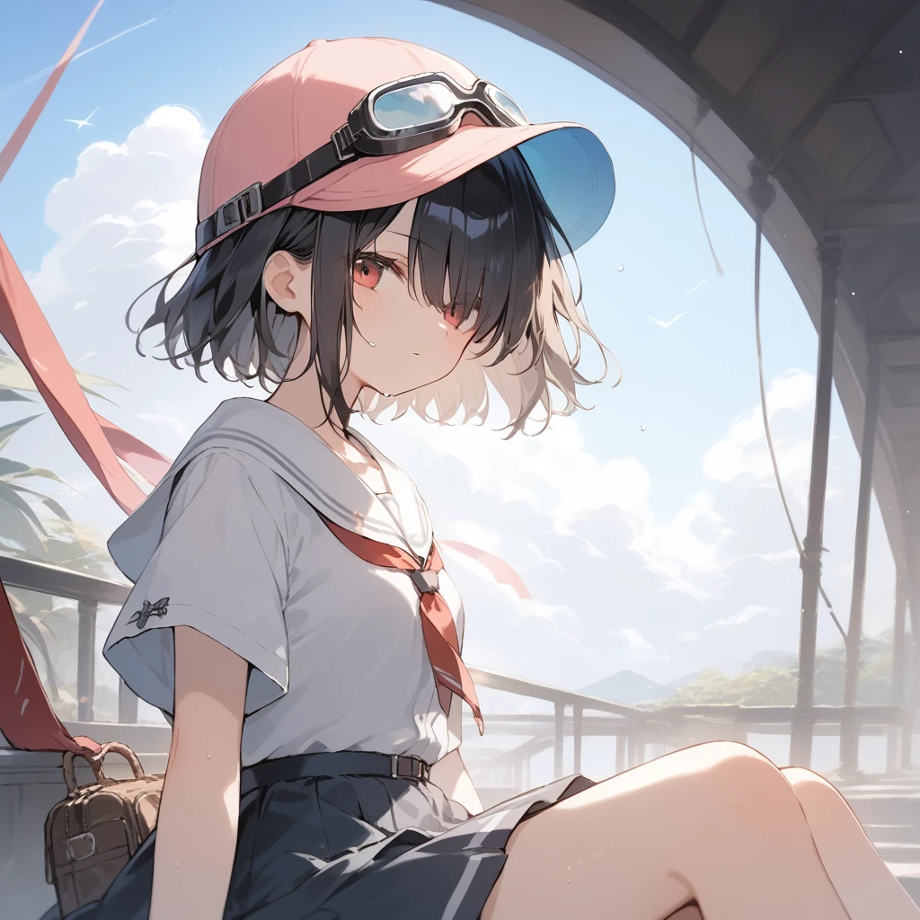 score_9, score_8_up, score_7_up, source_anime, best quality, masterpiece, official art, absurdres, highres, ultra-detailed,waifu2x,Collection: Slice of Life,break,1girl, short hair, black hair, hair over one eye, small breasts, beautiful detailed eyes, cap, goggles on headwear, skirt, sit, sweat, expressionless, sleepily, fantasy, outdoors, wind, break,(clear line illustration:1.2),very high resolution, very aesthetic, super detailed skin, Best cinematic lighting powered by famous artist, 8k, beauty illustration,photoshop_(medium),,(Detailed Lighting),best anime 8k konachan wallpaper, pixiv contest winner,