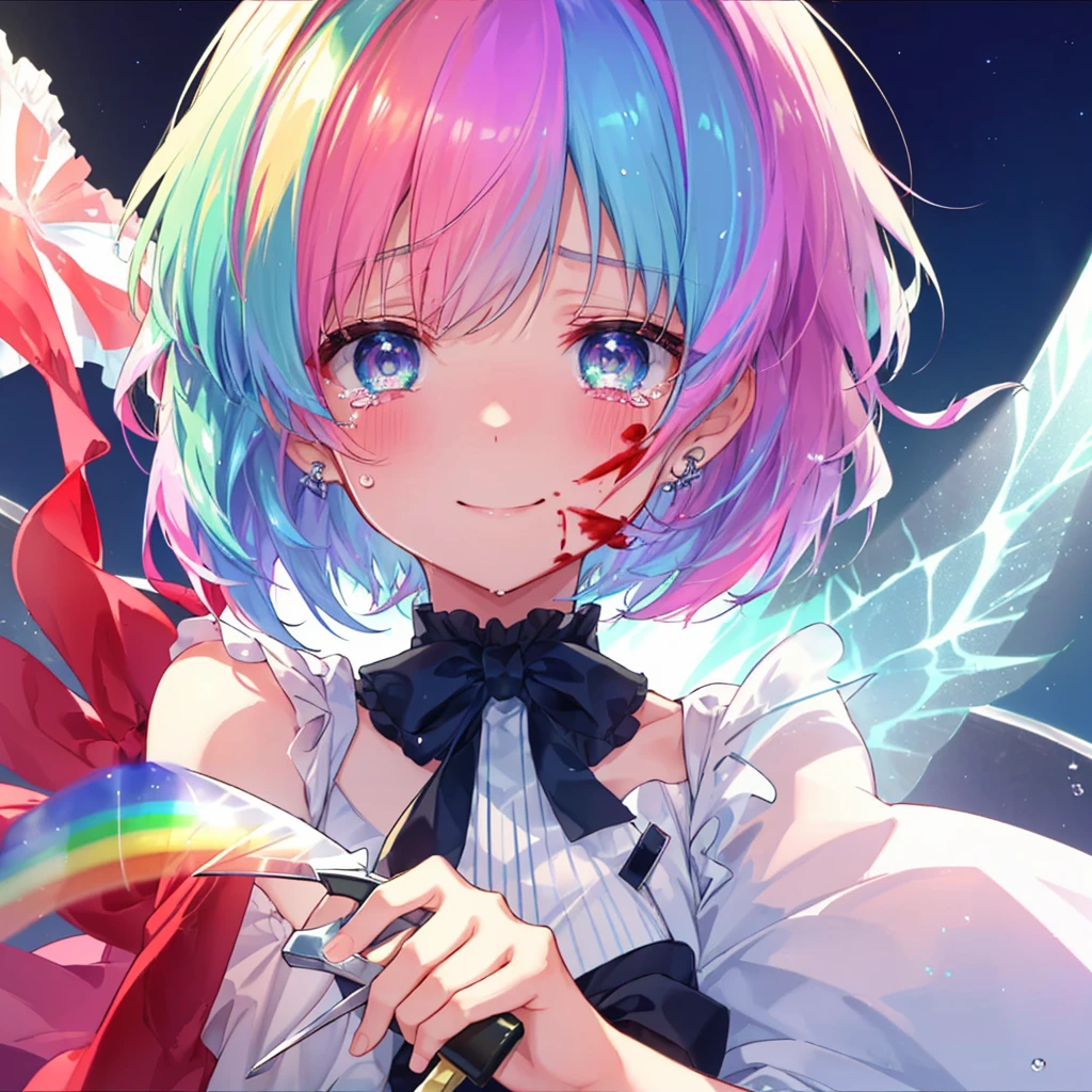 (((Extreme close-up　tears　smile　Hold a knife with both hands　Bleeding on the cheek)))　((輝くtears　Rainbow Hair　Rainbow Eyes　Short Hair　Receiving the light　smile　Rainbow light　Aurora))　(Shining Edge　Pillar of Light)