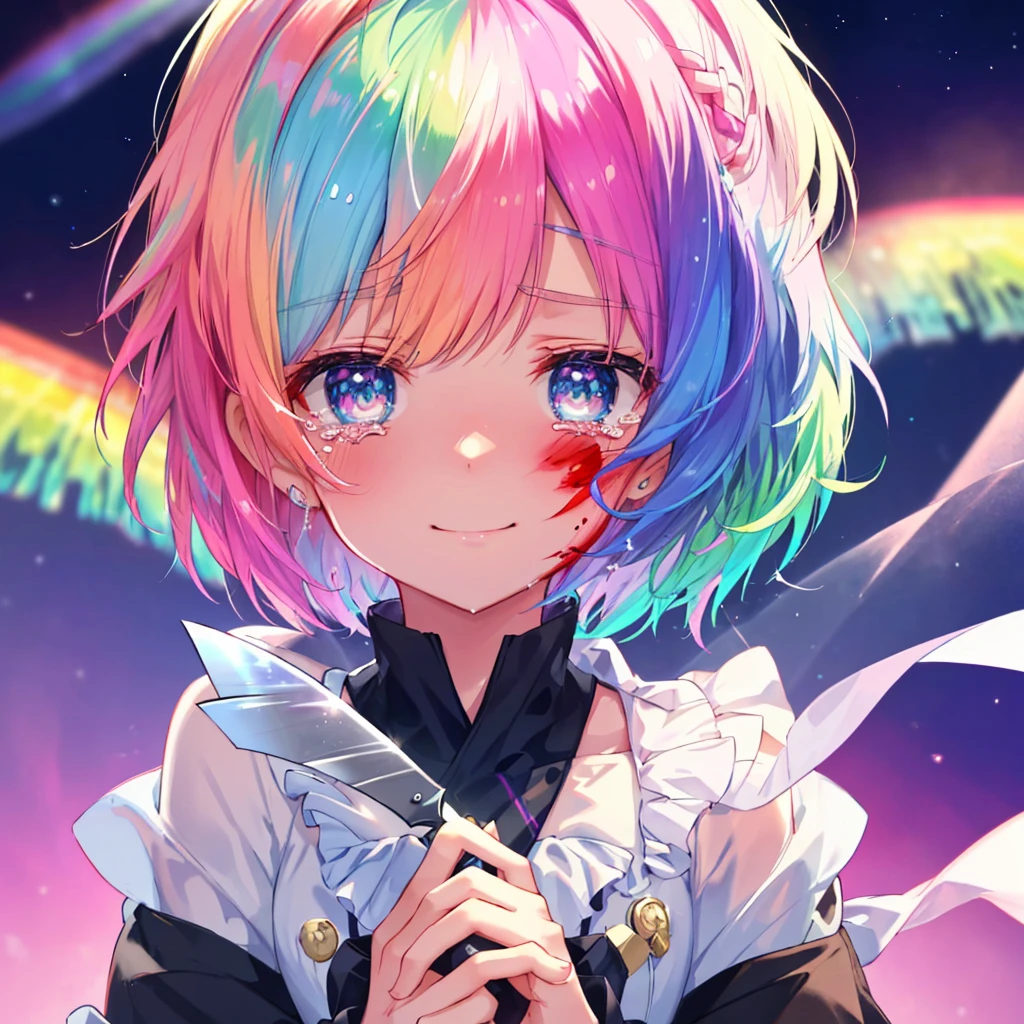 (((Extreme close-up　tears　smile　Hold a knife with both hands　Bleeding on the cheek)))　((輝くtears　Rainbow Hair　Rainbow Eyes　Short Hair　Receiving the light　smile　Rainbow light　Aurora))　(Shining Edge　Pillar of Light)