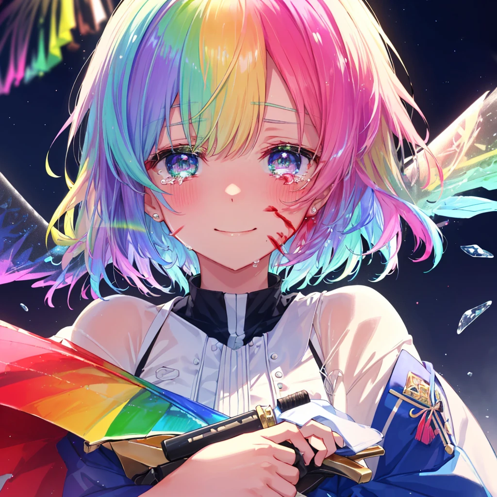 (((Extreme close-up tears smile Hold a knife with both hands Bleeding on the cheek))) ((輝くtears Rainbow Hair Rainbow Eyes Short Hair Receiving the light smile Rainbow light Aurora)) (Shining Edge Pillar of Light)