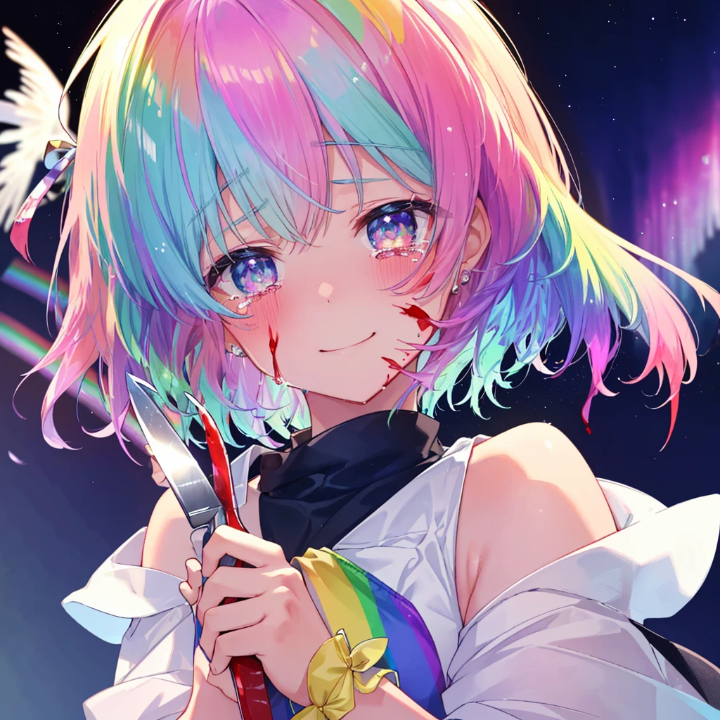 (((Extreme close-up tears smile Hold a knife with both hands Bleeding on the cheek))) ((輝くtears Rainbow Hair Rainbow Eyes Short Hair Receiving the light smile Rainbow light Aurora)) (Shining Edge Pillar of Light)