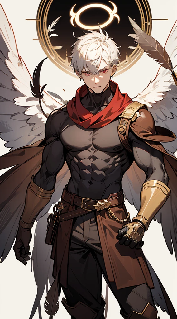 book cover, artistic image, handsome man, white hair, very short hair, ((crew cut: 1)), red eyes, fair skin, ((muscular: 1)), man, 28 years old, muscular, in good shape shape, muscular, barbaric race, many muscles, warrior, giant man. no shirt, gold details, brown leather shawl, baggy gray pants, black and brown belts, black boots, brown gloves, lots of belts, red halo, halo behind the head, feathers flying, horns on the head, feathers falling, angel transformation , Demon transformation, human will not transform, three transformations, black feathers, white feathers, light elemental power, shadow elemental power, a chaos seraph, several skeleton hands, death power, life power.

