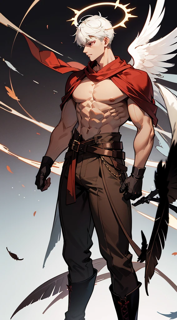 book cover, artistic image, handsome man, white hair, very short hair, ((crew cut: 1)), red eyes, fair skin, ((muscular: 1)), man, 28 years old, muscular, in good shape shape, muscular, barbaric race, many muscles, warrior, giant man. no shirt, gold details, brown leather shawl, baggy gray pants, black and brown belts, black boots, brown gloves, lots of belts, red halo, halo behind the head, feathers flying, horns on the head, feathers falling, angel transformation , Demon transformation, human will not transform, three transformations, black feathers, white feathers, light elemental power, shadow elemental power, a chaos seraph, several skeleton hands, death power, life power.
￼



