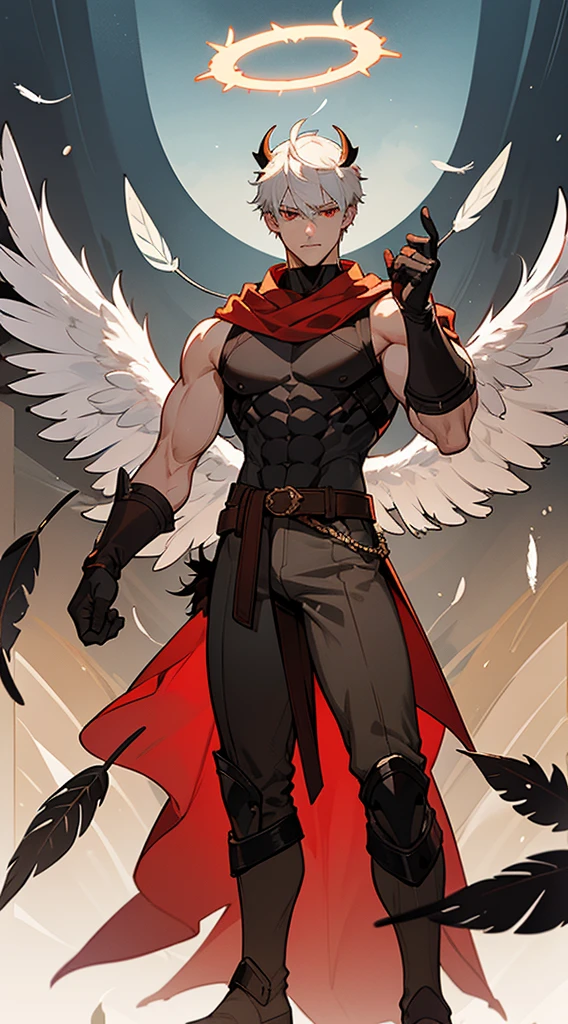 book cover, artistic image, Handsome man, white hair, very short hair, ((crew cut: 1)), red eyes, fair skin, ((muscular: 1)), man, 28 years old, muscular, in good shape , muscular. no shirt, gold details, brown leather shawl, baggy gray pants, black and brown belts, black boots, brown gloves, lots of belts, red halo, halo behind the head, feathers flying, horns on the head, feathers falling, angel transformation, transformation Demon, human will not transform, three transformations, black feathers, white feathers, elemental power of light, elemental power of shadow, a seraph of chaos, several skeleton hands, power of death, power of life.

