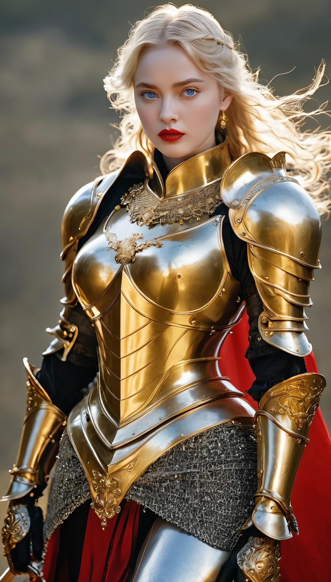 masterpiece,Highest quality,wonderful,(Female Knight_Female Knight:1),(Full body golden armor:1.3), (35歳のFemale Knight:1.3),、Big and ample breasts, Big Breasts,Big Breasts,,Hyper Real,中世ヨーロッパの都市のbattlefieldにいる,Expressionless,、British women、Delicate skin texture to the smallest detail 、(Detailed blue eyes)、(Chubby body type))、(Very large)、Middle-aged women、(ふわふわblondeの長い髪)、Wheat tanned skin、(blonde)、Very large、Female Knight、Big Breastsの谷間、豪華に装飾されたFull body golden armor、Medieval witch、Golden long boots with flashy decorations、Deep neckline、Pure gold and jewellery necklaces and collars、Large gold earrings、Bright red lips、豪華なFull body golden armorを着て、Gold Long Gloves、She has a big long sword、The sword is ornately decorated..........................、The blade is pitch black、(Female Knight)、(battlefield)、