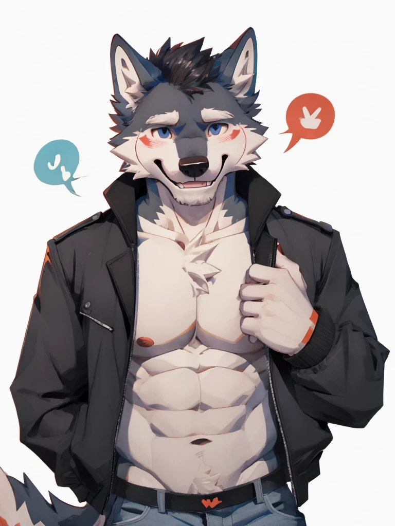 white background, Furry, wolf, male, muscular, wearing jacket, wearing, jeans, full body, look at viewer, blushing, smiling