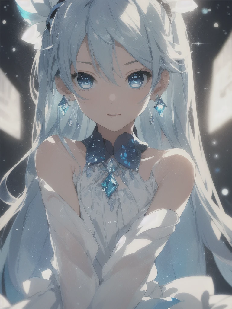 masterpiece, best quality, illustration, sax blue, platinum earrings, platinum necklace, white dress, 1girl, cute, (dynamic lighting:1.2), cinematic lighting, delicate facial features, detailed eyes, sharp pupils, realistic pupils, depth of field, bokeh, sharp focus, (hyper-detailed, bloom, glow:1.4), many small gems, hatsune miku