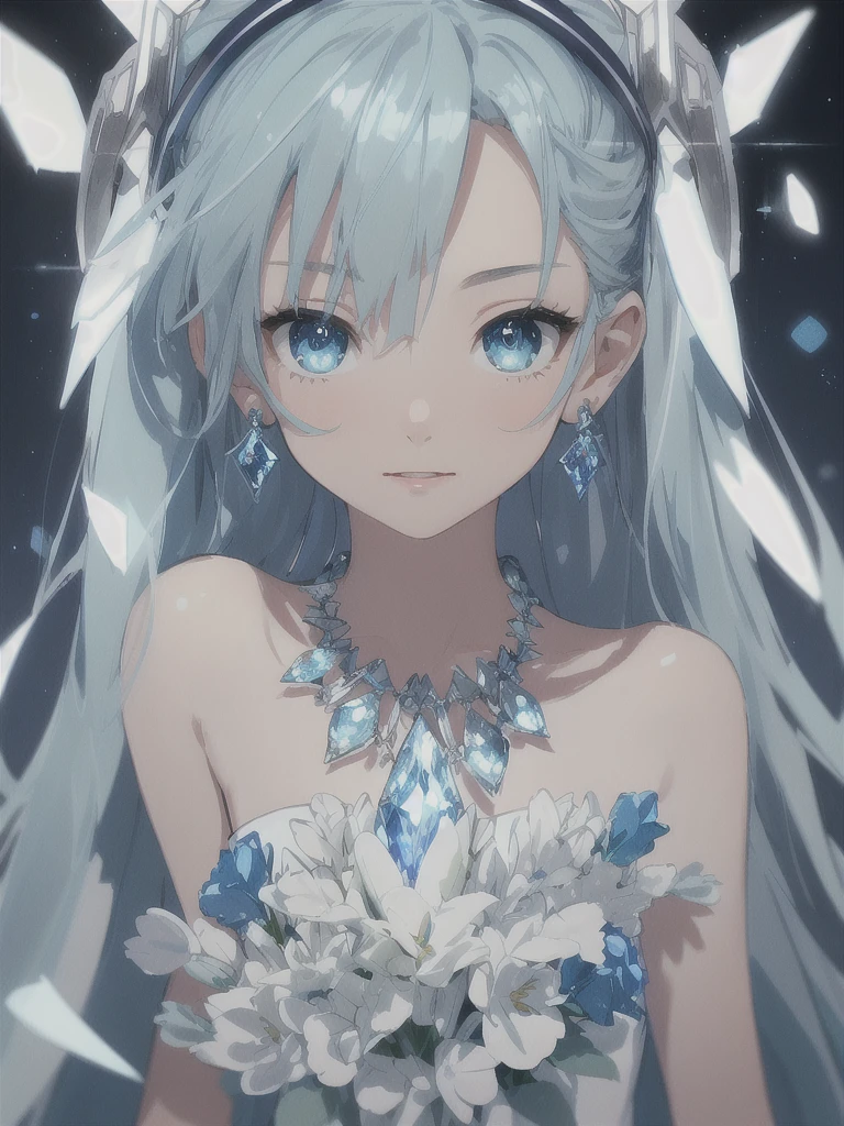 masterpiece, best quality, illustration, sax blue, platinum earrings, platinum necklace, white dress, 1girl, cute, (dynamic lighting:1.2), cinematic lighting, delicate facial features, detailed eyes, sharp pupils, realistic pupils, depth of field, bokeh, sharp focus, (hyper-detailed, bloom, glow:1.4), many small gems, hatsune miku