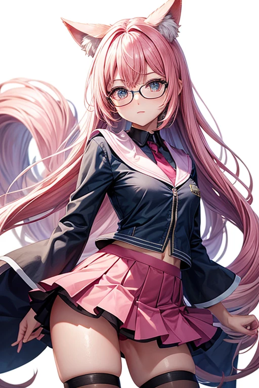 girls, pink hair, blue yellow eye, wolf ear, glasses, Short skirt, Swimsuit, medium chest, media, Horse tail