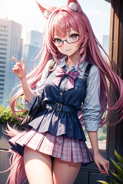 girls, pink hair, blue yellow eye, wolf ear, glasses, Short skirt, Swimsuit, medium chest, media, Horse tail