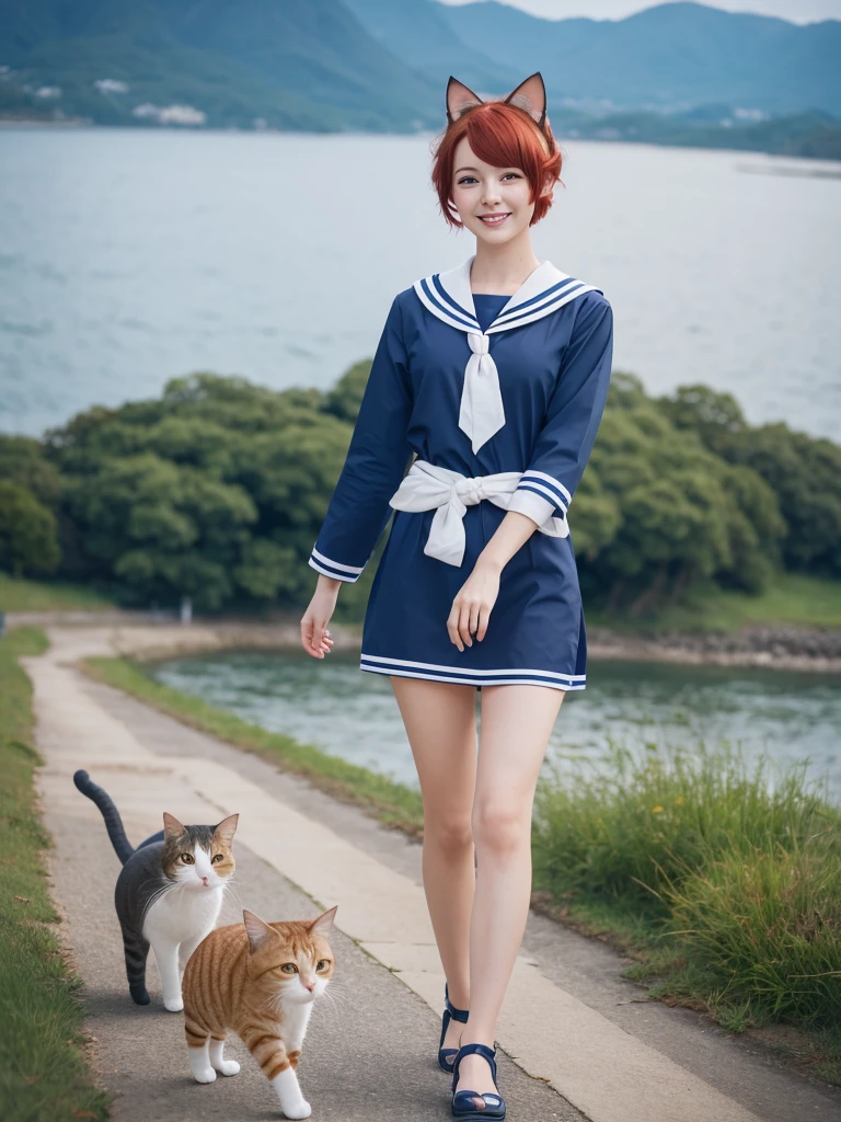 Highest quality,High resolution,１People Girl,whole body,fine,smile,looking at the camera,short hair,Crimson hair,Blue eyes,Sailor suit,beautiful girl,Cat ears on the head,Cat tail on waist,smile,be happy,Landscape,walk,