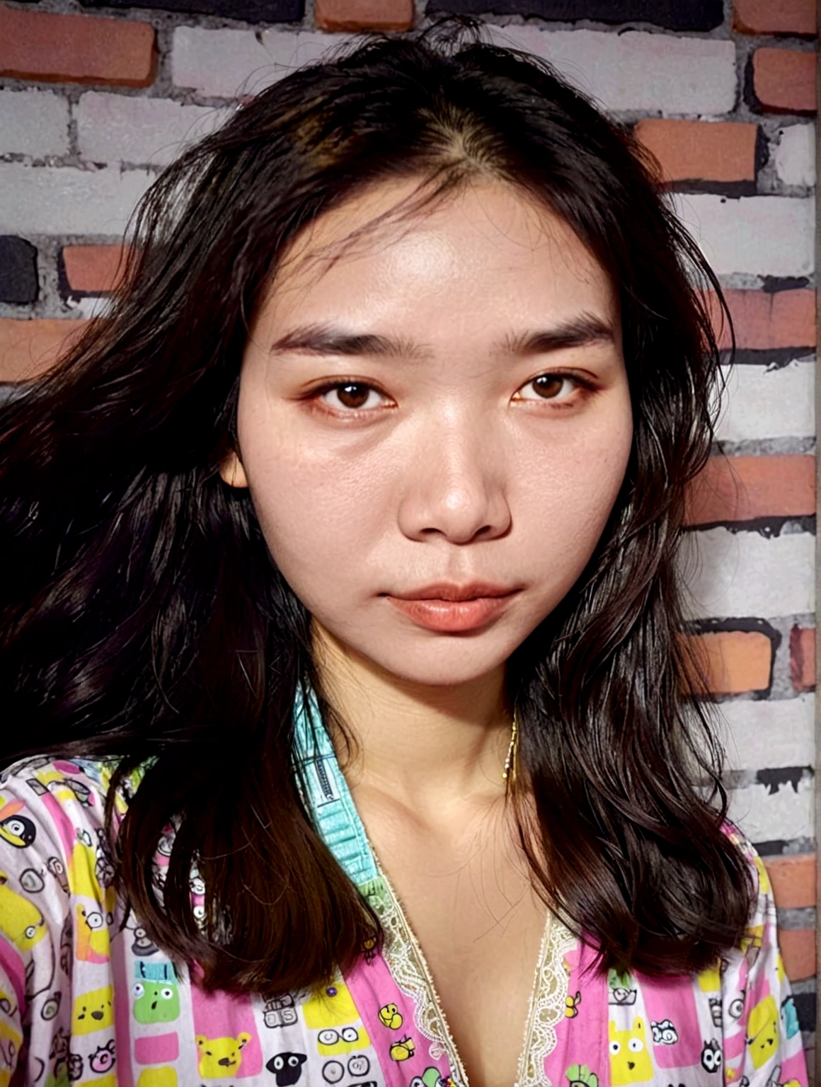 21 year old girl, in see-through clothing, visible nipples. he has long hair, black on top and whitish brown on the bottom. wearing bright light blue lace panties, full body, not fat and not thin, height 163 cm. slightly thick lips, rather wide and flat nose. there is a mole on the left forehead. reality photo, pro photography, masterpiece
