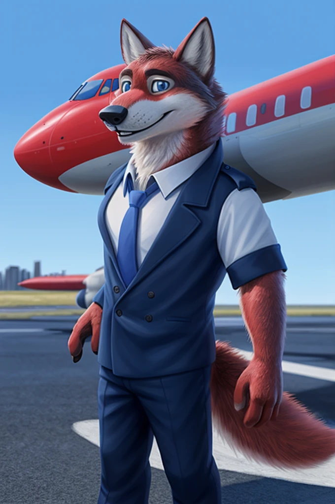 Ivan Fedorovich Wolfbach (Novosibirsk) ,высокий Beautiful, wolf,young, 24 years, brown fur,Kind,(red body:1.3),beautiful blue eyes,Novosibirsk,dressed,civil aviation pilot uniform,White shirt,epaulets командира, черный tie, trousers,airline pilot, commander&#39;s cap, trousers,canine, wolf, detailed fur, male, second, paw pads, finger claws,At the viewer, 5 fingers, paws, 5 fingers, smile, wrist watch, т nextel,by xenoforge, (difficult, high detail, digital photography, soft focus, RAW,goes for a walk, ,Very close to the camera,airport,Novosibirsk, smile, good mood, positive, Very close to the camera, plaid shirt, At the hairdresser, without hair, epaulets captain, 
Photorealism, realistic, photorealistic, digital style, Subsurface scattering,I look at the viewer,стоит White shirt, epaulets, captain, trousers, tie, next to a Boeing 747 400 plane,smile, teeth, Beautiful, black tie, 
masterpiece, Best quality, ultra realistic, 8 thousand.)