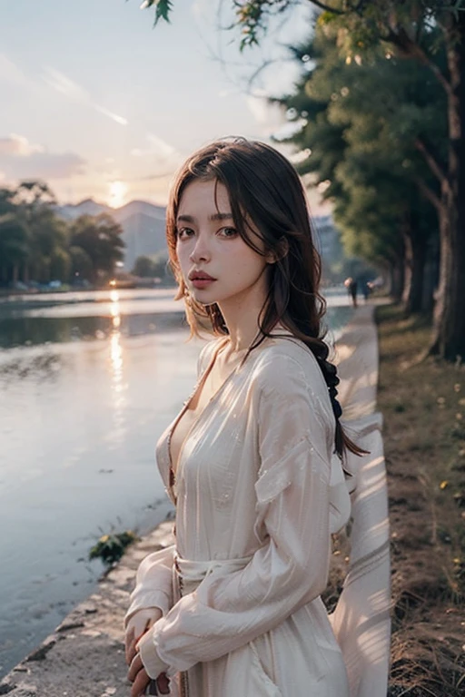 Masterpiece, best quality, silky smooth skin, depth of field, close to the face, detailed eyes and face, 1 girl, big adorable eyes, serene expression, mesmerizing eyes, long straight hair, flowing dress, poised posture, porcelain skin, subtle blush, BREAK golden hour crystal pendant, (rim lighting): 1.2, warm tones, sun flare, shadows soft, vibrant colors, pictorial effect, dreamy atmosphere BREAK scenic lake, distant mountains, willow tree, calm water, reflection, sunlit clouds, tranquil ambience, idyllic sunset, ultra detailed, official art, unity 32k wallpaper, zen tangle, mandala, braid,Delicate beauty face,High quality photo quality images,Small breasts,Flat Bust,Thin cotton clothing through which the nipples of the breasts are visible,