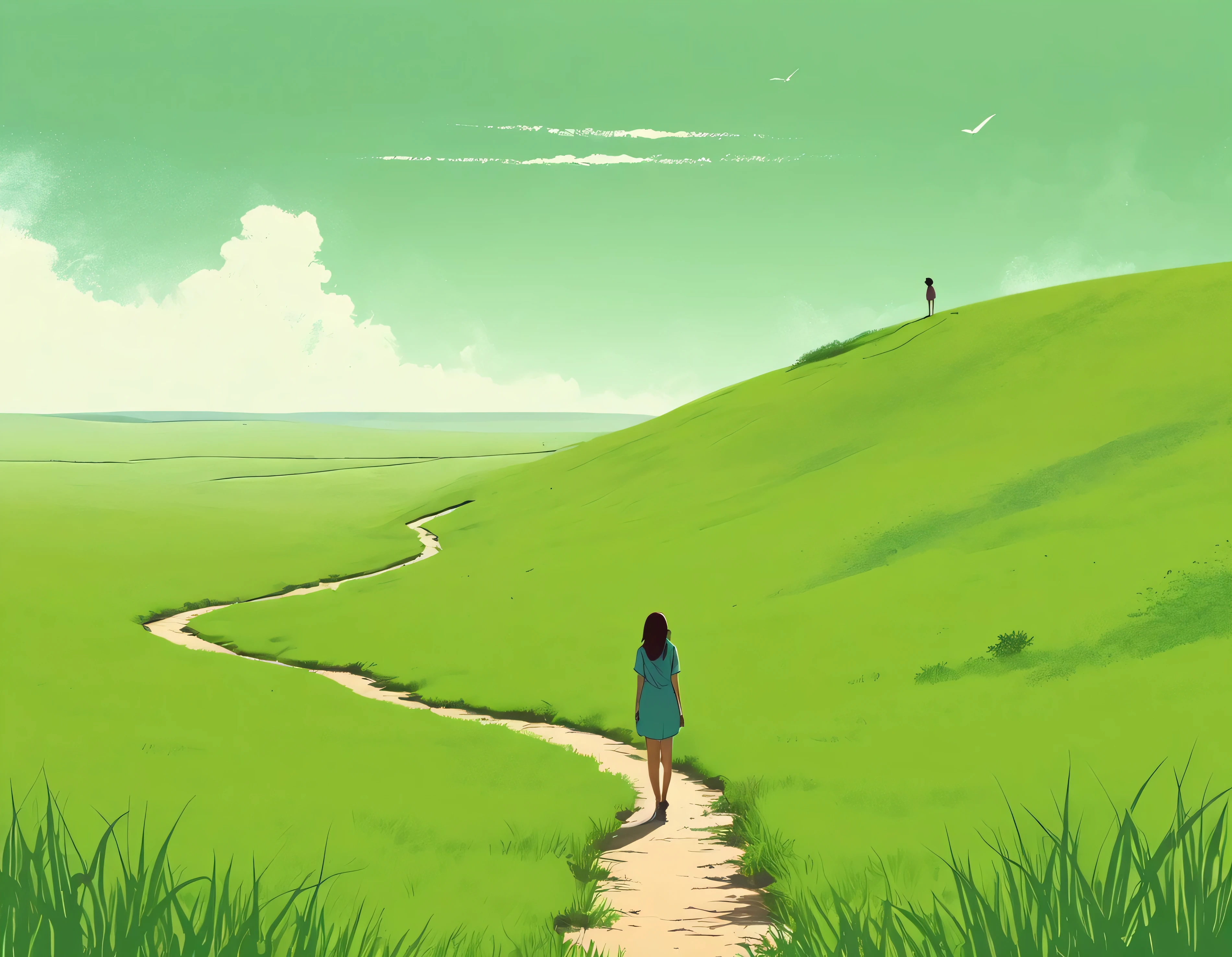 Minimalist Journey,solitary, green grassland,1 girl looking up at the sky, Minimalism, In the savannah, illustration.