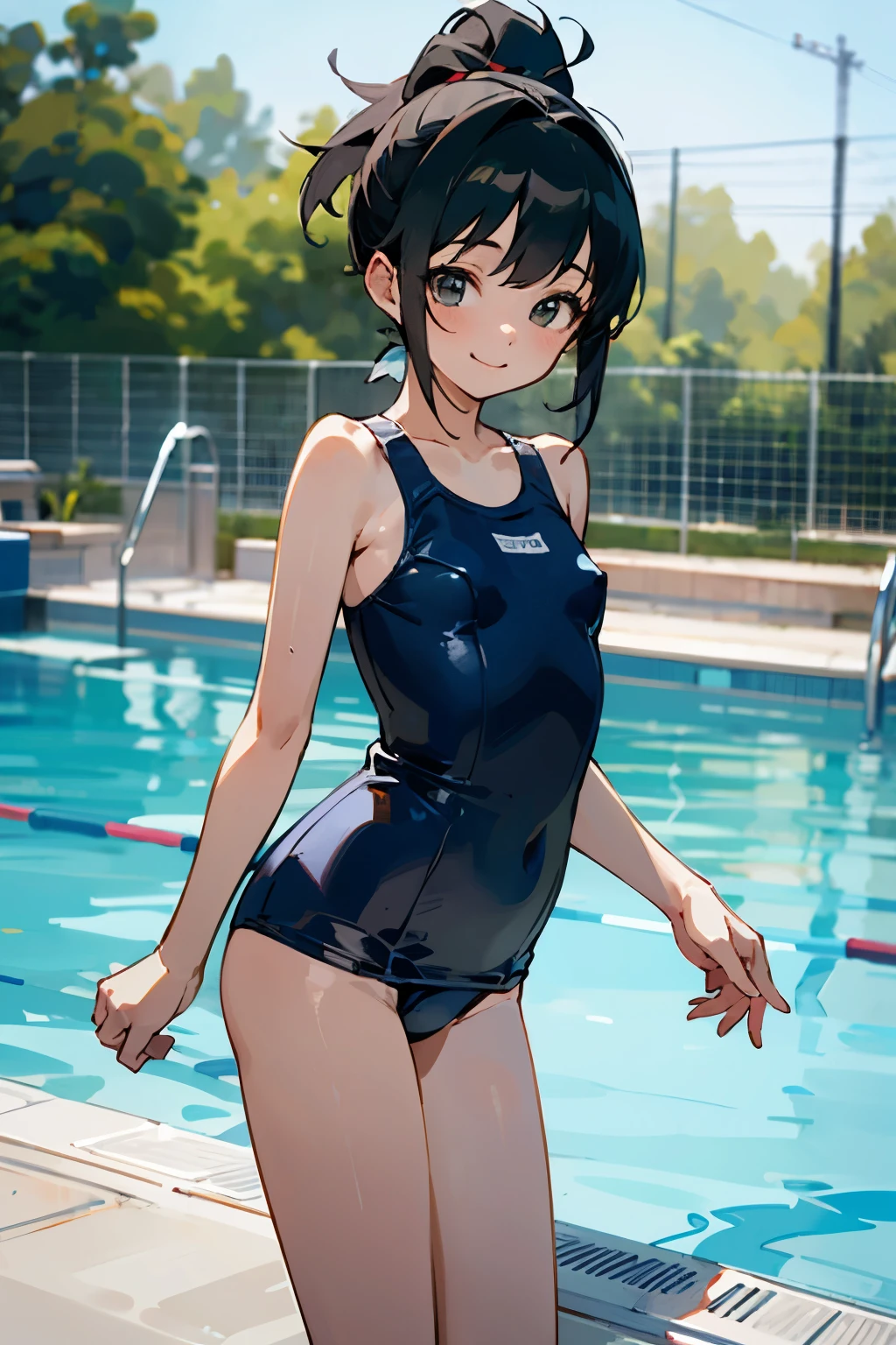 NSFW、In the best quality、age girl standing in swimming pool。In high resolution、Beautiful details、Quiet atmosphere。Black hair ponytail、Cute Smile.。Small breae School Swimsuit。