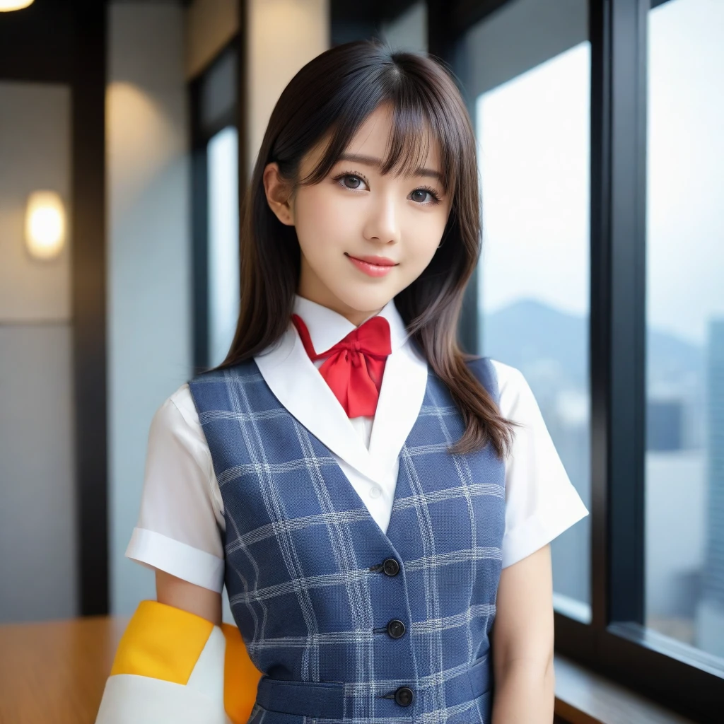 8K, Ultra-high resolution, Highest quality, masterpiece, 三分割法によるphotograph,Surreal, photograph, 1 girl, (:1.3), pretty girl, Cute face, Beautiful eyes in every detail, 細かくdetailedに,masterpiece,, One Girl:1.2, Japan Female Announcer,whole body、Black Hair、well-groomed eyebrows、Cute Lip Makeup,1 Woman Standing, office worker, (White and grey checked vest:1.2) (Navy pencil skirt) , (Modern office indoors), Cityscape of windows, detailedな背景,Cute gestures、so beautiful,A carefree smile,Healing the heart,blunt bangs,Looking at the audience、beauty,Long neck、Laugh a little、Please close your mouth and laugh、(((Ideal body type))),A-cup small breasts :2,、Portraiture:2、Perfect Anatomy、鮮明なdetailed、detailed、Surreal、Light and shadow,Strong light