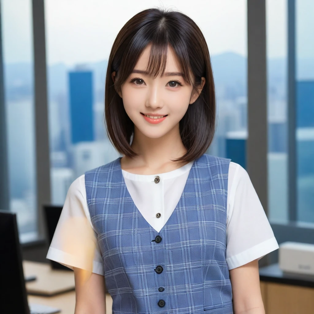 8K, Ultra-high resolution, Highest quality, masterpiece, 三分割法によるphotograph,Surreal, photograph, 1 girl, (16 years old:1.3), pretty girl, Cute face, Beautiful eyes in every detail, 細かくdetailedに,masterpiece,, One Girl:1.2, Japan Female Announcer,whole body、Black Hair、well-groomed eyebrows、Cute Lip Makeup,1 Woman Standing, office worker, (White and grey checked vest:1.2) (Navy pencil skirt) , (Modern office indoors), Cityscape of windows, detailedな背景,Cute gestures、so beautiful,A carefree smile,Healing the heart,blunt bangs,Looking at the audience、beauty,Long neck、Laugh a little、Please close your mouth and laugh、(((Ideal body type))),A-cup small breasts :2,、Portraiture:2、Perfect Anatomy、鮮明なdetailed、detailed、Surreal、Light and shadow,Strong light