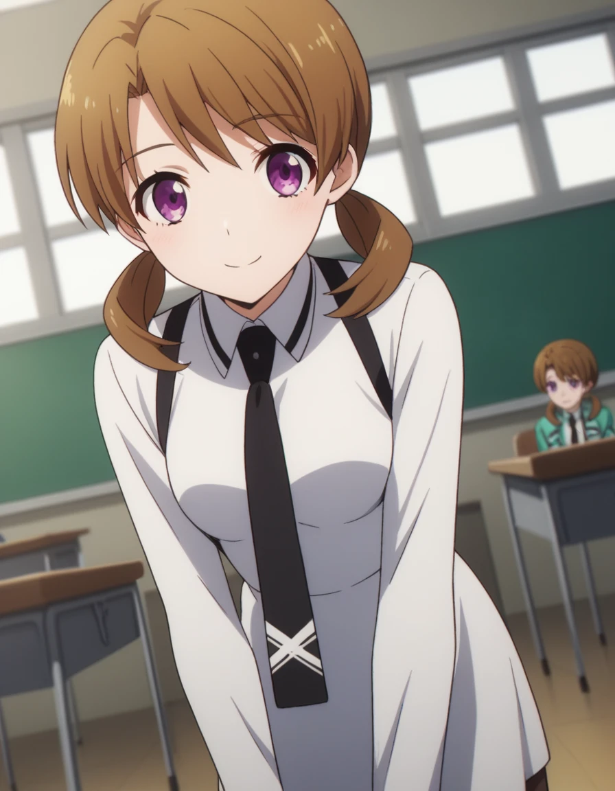 score_9, score_8_up, score_7_up, source_anime,
honokamitsui, honoka mitsui, bangs, brown hair, twintails, purple eyes, low twintails,
long sleeves, dress, , pantyhose, necktie, white dress, black necktie,
indoors, classroom, bent over, smile,
solo, dutch angle, looking at viewer, cowboy shot,