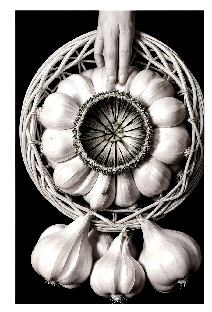 catching big magical garlic. The image should be colorful and high-contrast, The overall composition should be clear and legible even in small format, with a balanced layout. Ensure all elements blend harmoniously to create a cohesive and attractive image.
