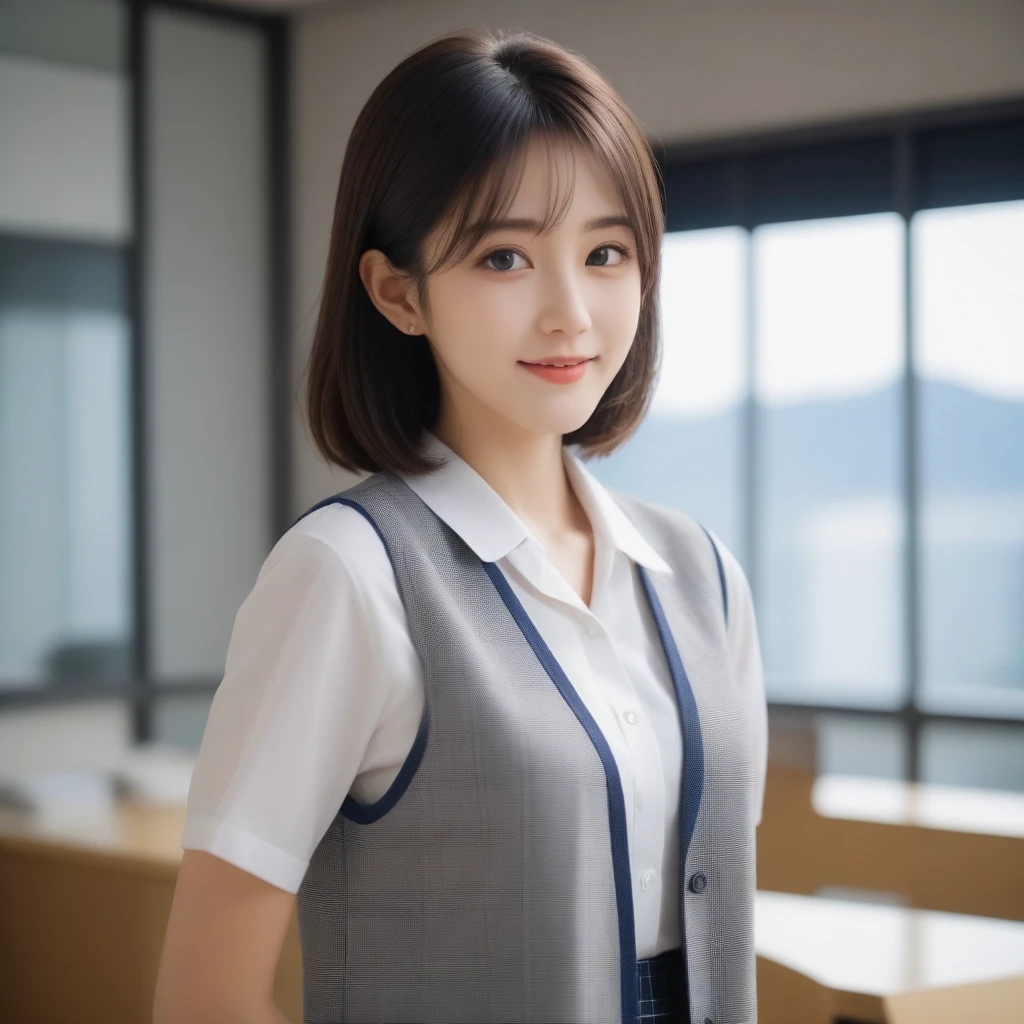 8K, Ultra-high resolution, Highest quality, masterpiece, 三分割法によるphotograph,Surreal, photograph, 1 girl, (16 years old:1.3), pretty girl, Cute face, Beautiful eyes in every detail, 細かくdetailedに,masterpiece,, One Girl:1.2, Japan Female Announcer,whole body、Black Hair、well-groomed eyebrows、Cute Lip Makeup,1 Woman Standing, office worker, (White and grey checked vest:1.2) (Navy pencil skirt) , (Modern office indoors), Cityscape of windows, detailedな背景,Cute gestures、so beautiful,A carefree smile,Healing the heart,blunt bangs,Looking at the audience、beauty,Long neck、Laugh a little、Please close your mouth and laugh、(((Ideal body type))),A-cup small breasts :2,、Portraiture:2、Perfect Anatomy、鮮明なdetailed、detailed、Surreal、Light and shadow,Strong light