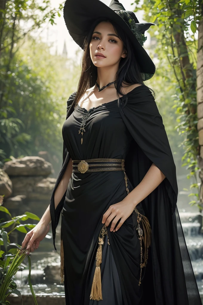 (Photorealistic),photograph,Best image quality, Ultra-high resolution, (realism: 1.5),One Witch,Landscape,Upper Body,Black Costume,Black Hair,Alphonse Mucha&#39;s painting style,Moonlit Night,Starry Sky,Perfect human body,25-year-old woman