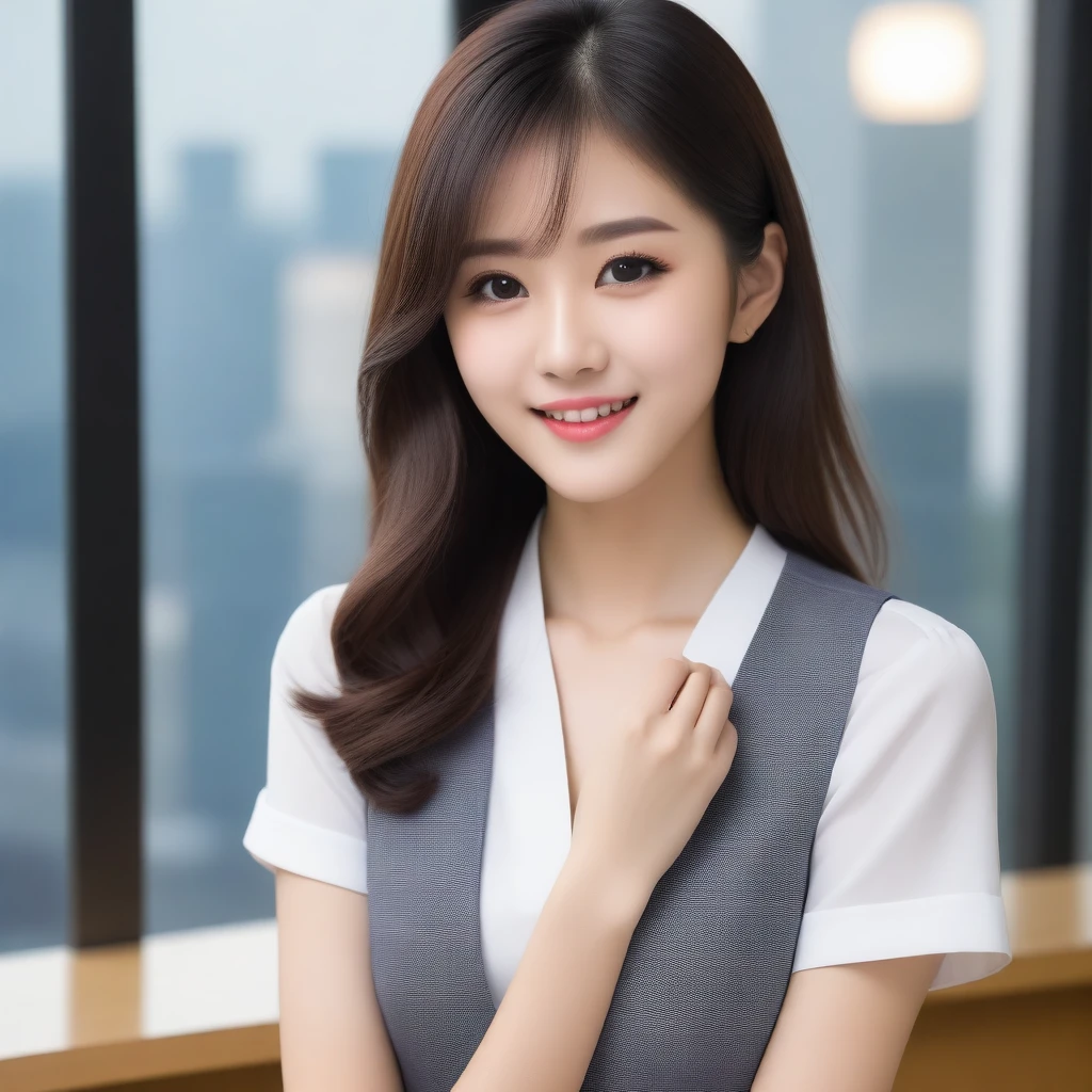 8K, Ultra-high resolution, Highest quality, masterpiece, 三分割法によるphotograph,Surreal, photograph, 1 girl, (16 years old:1.3), pretty girl, Cute face, Beautiful eyes in every detail, 細かくdetailedに,masterpiece,, One Girl:1.2, Japan Female Announcer,whole body、Black Hair、well-groomed eyebrows、Cute Lip Makeup,1 Woman Standing, office worker, (White and grey checked vest:1.2) (Navy pencil skirt) , (Modern office indoors), Cityscape of windows, detailedな背景,Cute gestures、so beautiful,A carefree smile,Healing the heart,blunt bangs,Looking at the audience、beauty,Long neck、Laugh a little、Please close your mouth and laugh、(((Ideal body type))),A-cup small  :2,、Portraiture:2、Perfect 、鮮明なdetailed、detailed、Surreal、Light and shadow,Strong light
