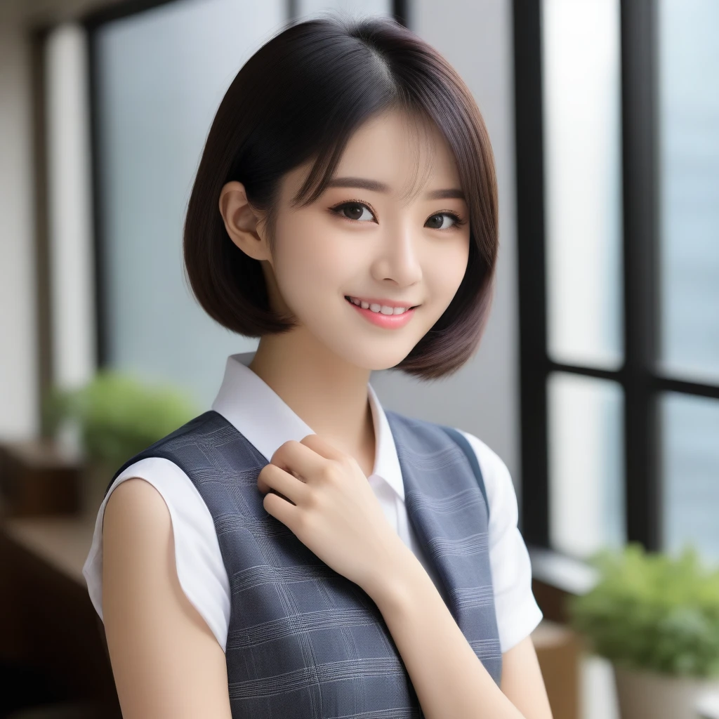 At work、White wall、computer、Woman sitting on chair、Cute Face、smile、short hair、Casual Fashion、skirt、feet、shoes、(Precise anatomy、foot、Right hand)