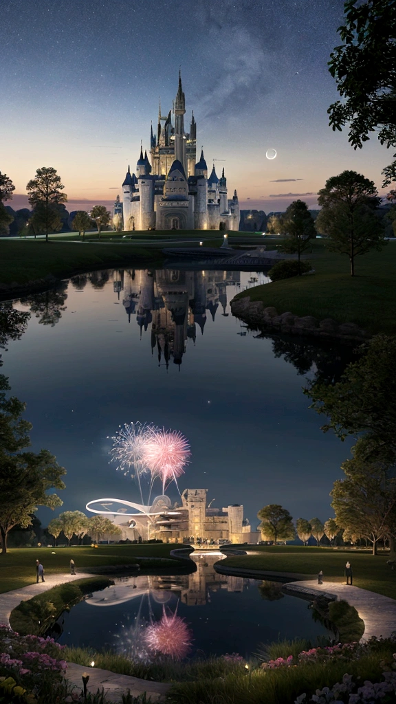 Panoramic View，Wide angle，real world realism，4K quality，detailedな説明，description of attitude，Detailing，(Romantic couple kissing in the wind)，Starry Night、Cinderella Castle、castle panorama，Big Moon、small cloud moonlight、Quiet Lake，beautiful moon reflection、Ultra-realistic scenes、detailed、Photorealism，Night starry sky，Fireworks bloom in the sky，spherical flowers explode，colorful，The grassland is full of flowers，The wind blows the petals away，Normal face，