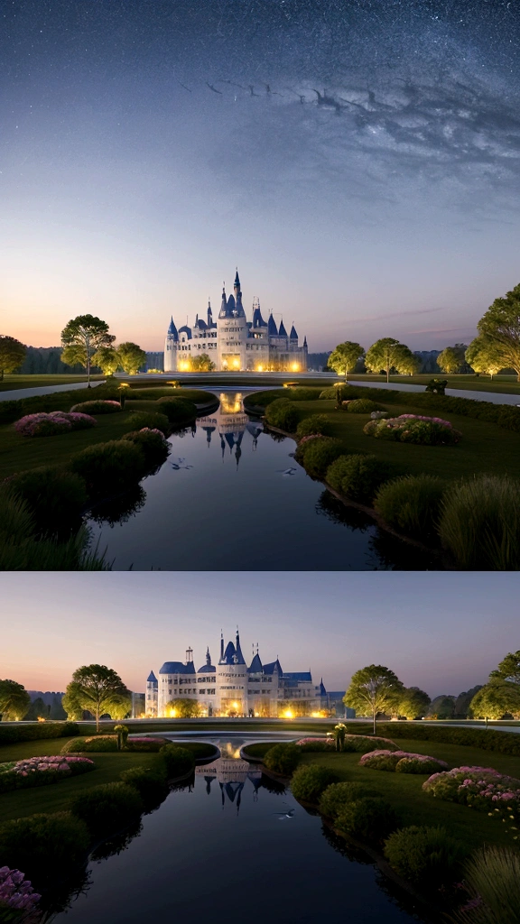 Panoramic View，Wide angle，real world realism，4K quality，detailedな説明，description of attitude，Detailing，(Romantic couple kissing in the wind)，Starry Night、Cinderella Castle、castle panorama，Big Moon、small cloud moonlight、Quiet Lake，beautiful moon reflection、Ultra-realistic scenes、detailed、Photorealism，Night starry sky，Fireworks bloom in the sky，spherical flowers explode，colorful，The grassland is full of flowers，The wind blows the petals away，Normal face，