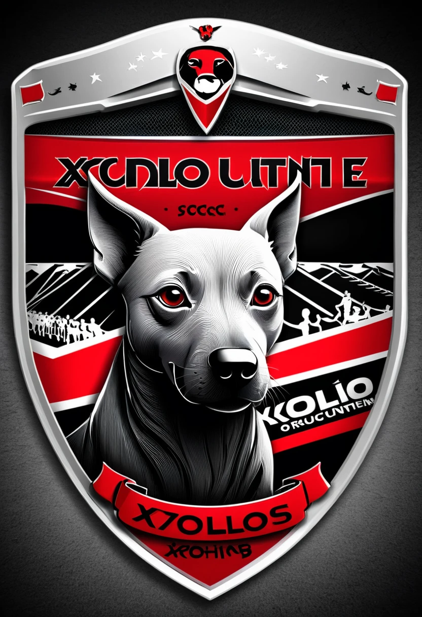 shield of the soccer team from which comes the illustration of just a dog of the xoloitzcuintle breed that has no hair at all, in red and black with the phrase xolos