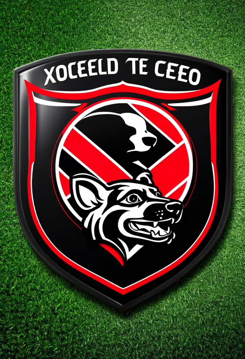 shield of the soccer team from which comes the illustration of just a dog of the xoloitzcuintle breed that has no hair at all, in red and black with the phrase xolos